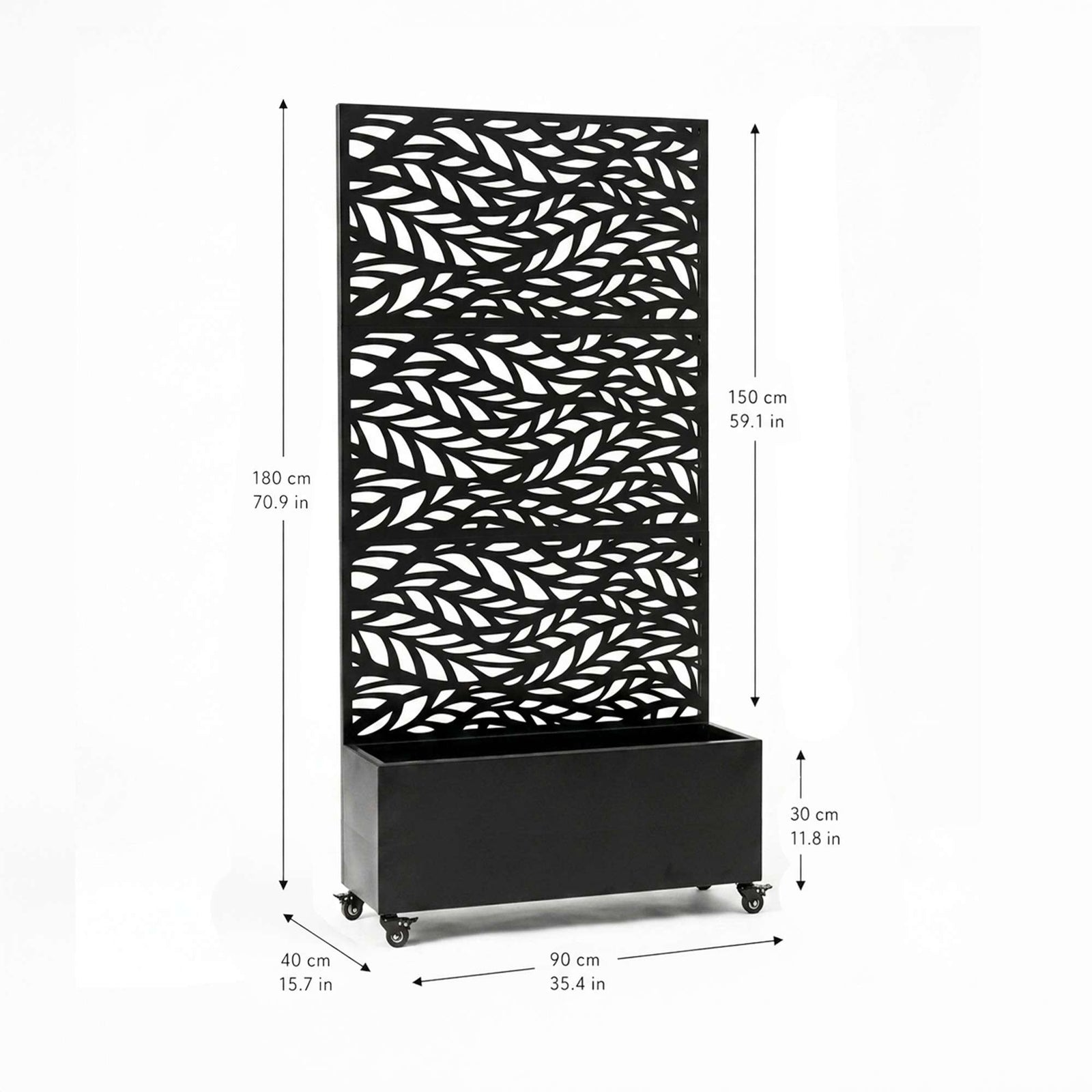 Metal Privacy Screen With Plant Pot - Leaf | Black