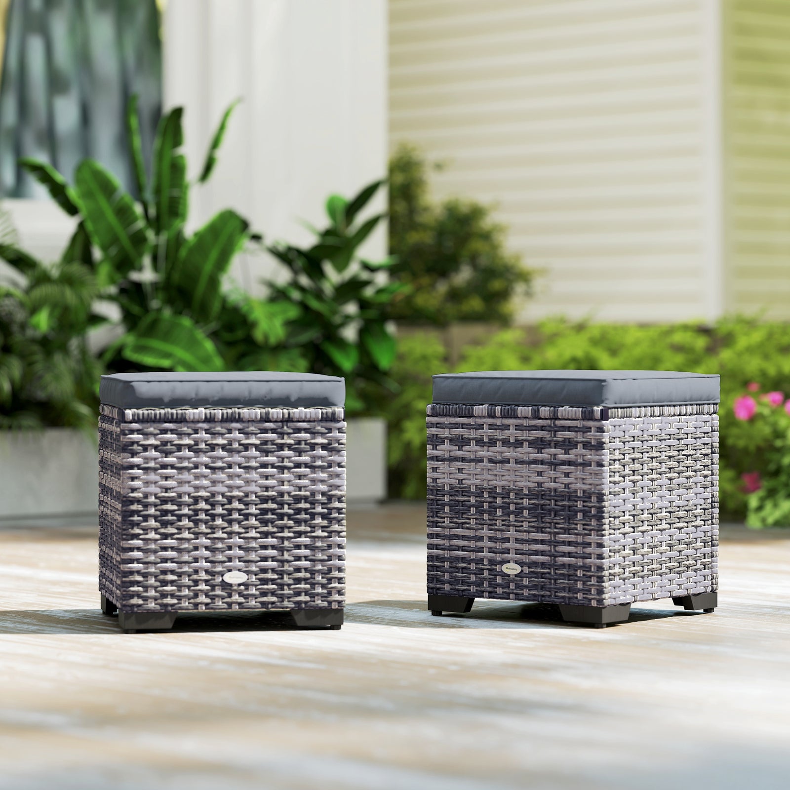 Set Of 2 Rattan Footstool, Storage Ottoman W/ Cushions | Dark Gray