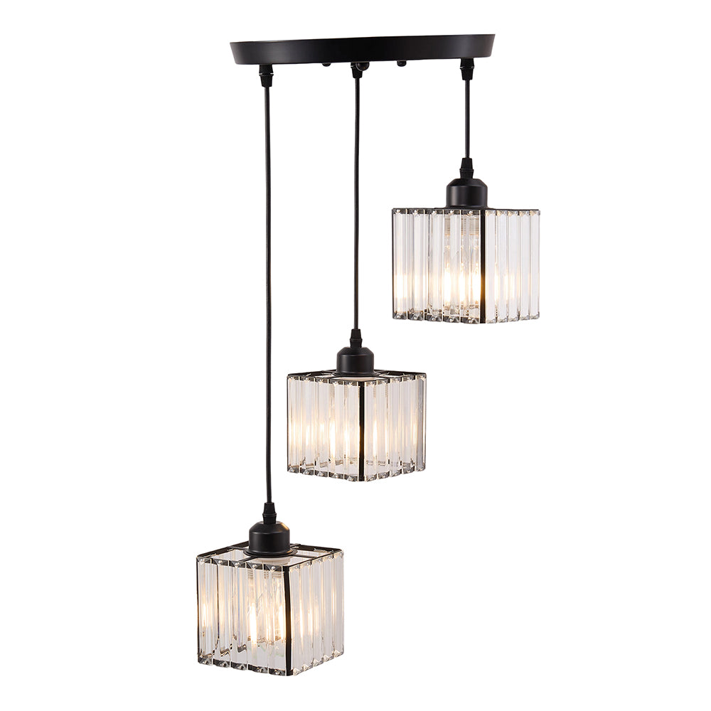 Modern 3-light Crystal Pendant Light Adjustable Linear Ceiling Fixture With Square Glass Shades | Black