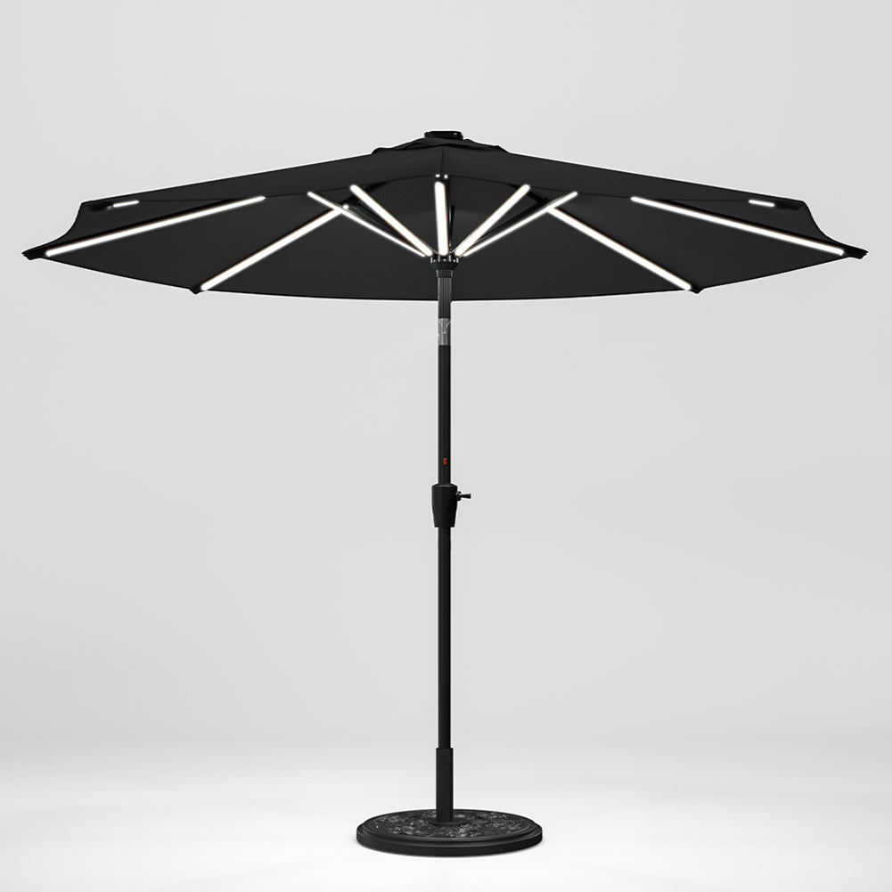 3m Solar Led Patio Umbrella, Outdoor Parasol With 16 Led Tubes, Crank Lift & Push Button Tilt With Cement Base | One Size | Dark Grey