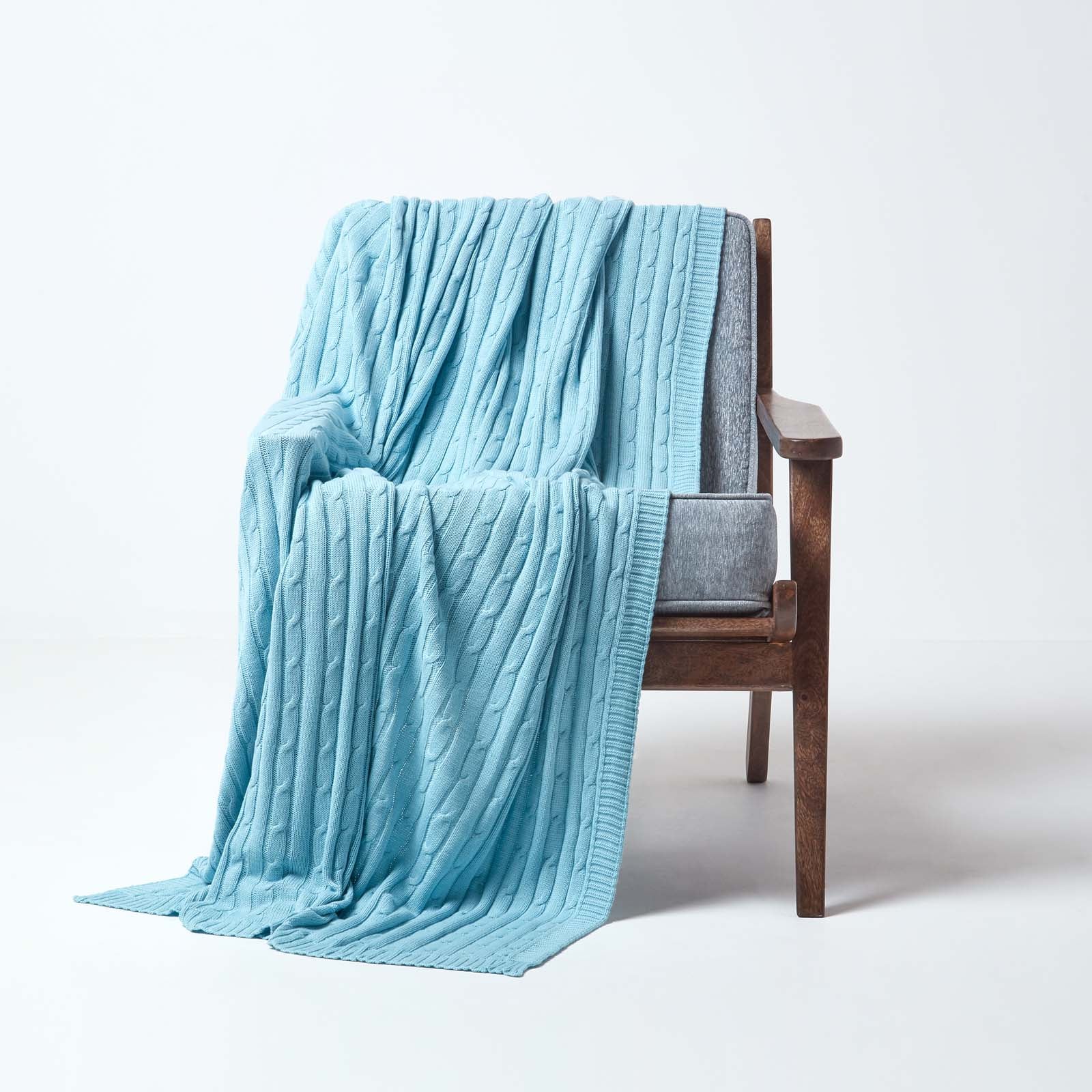 Combed Cotton Cable Knit Throw | 130cm x 170cm | Blue