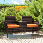 Rattan Garden Bench W/ Glass Tea Table, Wicker Chair W/ Cushions | Brown