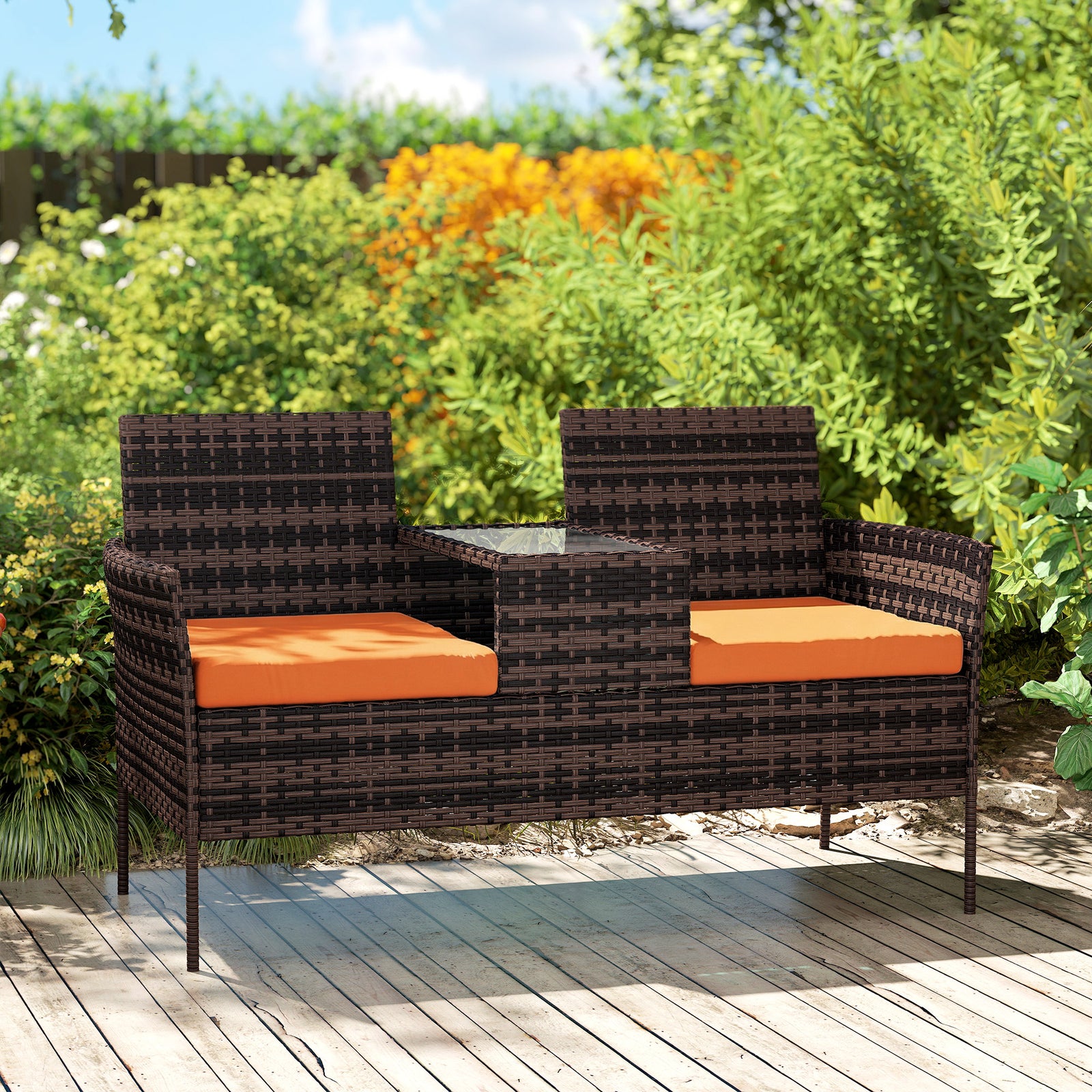 Rattan Garden Bench W/ Glass Tea Table, Wicker Chair W/ Cushions | Brown