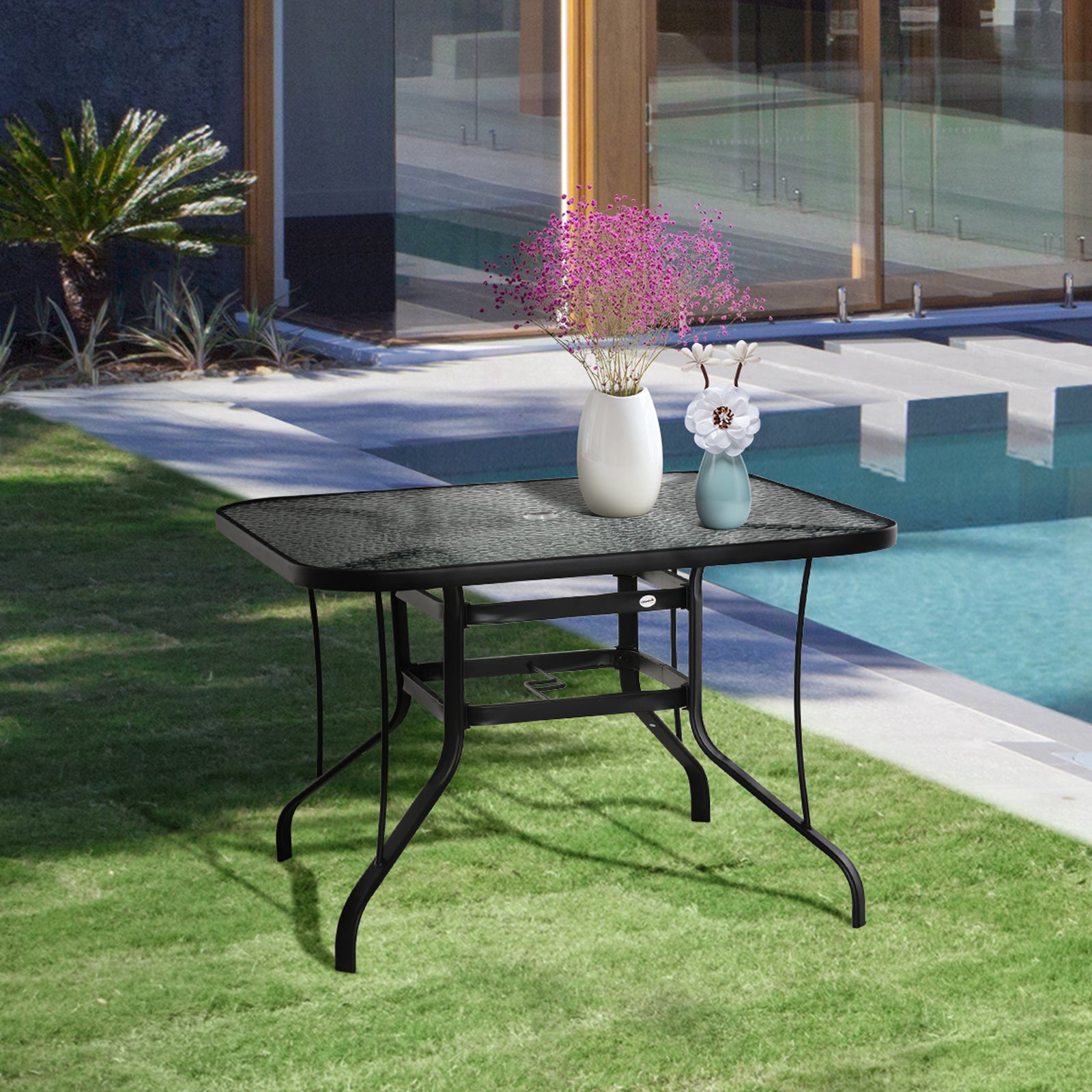Garden Dining Table W/ Parasol Hole, Glass Top
