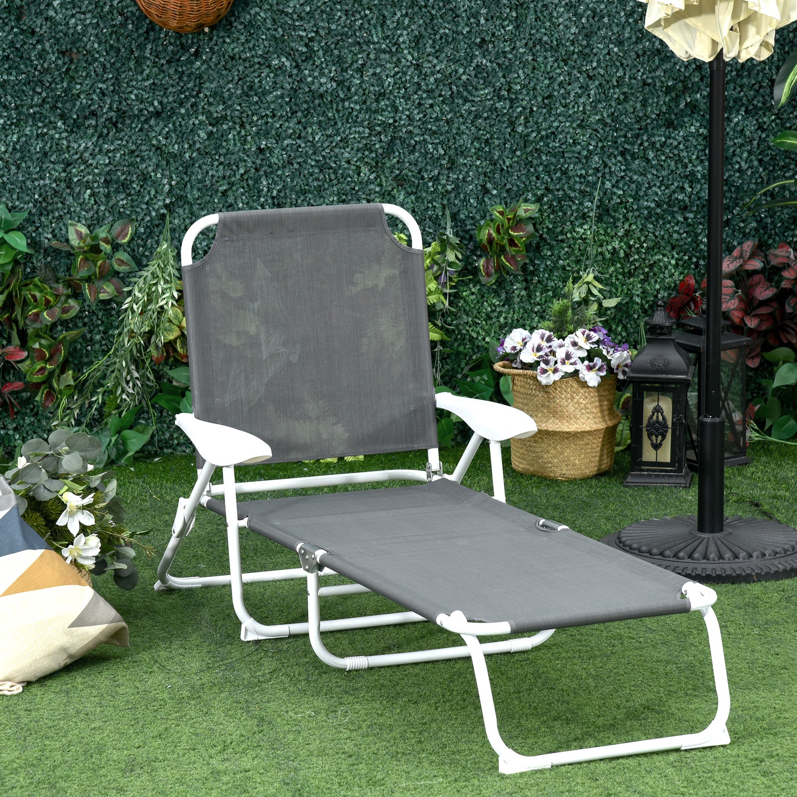 Folding Sun Beach Lounger W/ 4-level Backrest | Dark Gray