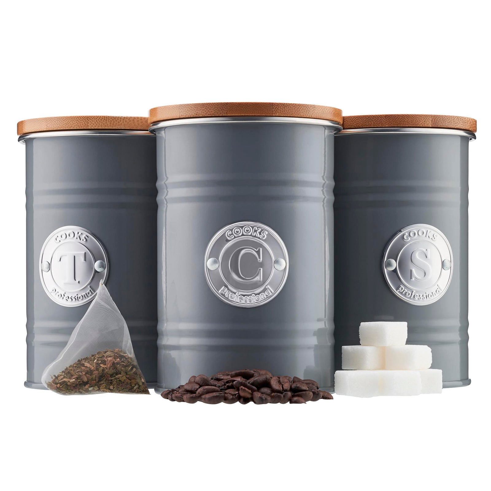 3-piece Kitchen Storage With Bamboo Lids Tea Coffee Sugar | Gray