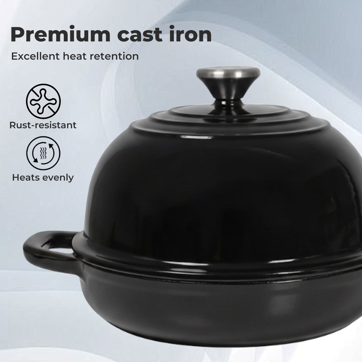 Cast Iron Enamelled Dutch Oven Bread Baking Pot Casserole Dish Round 24cm | Black