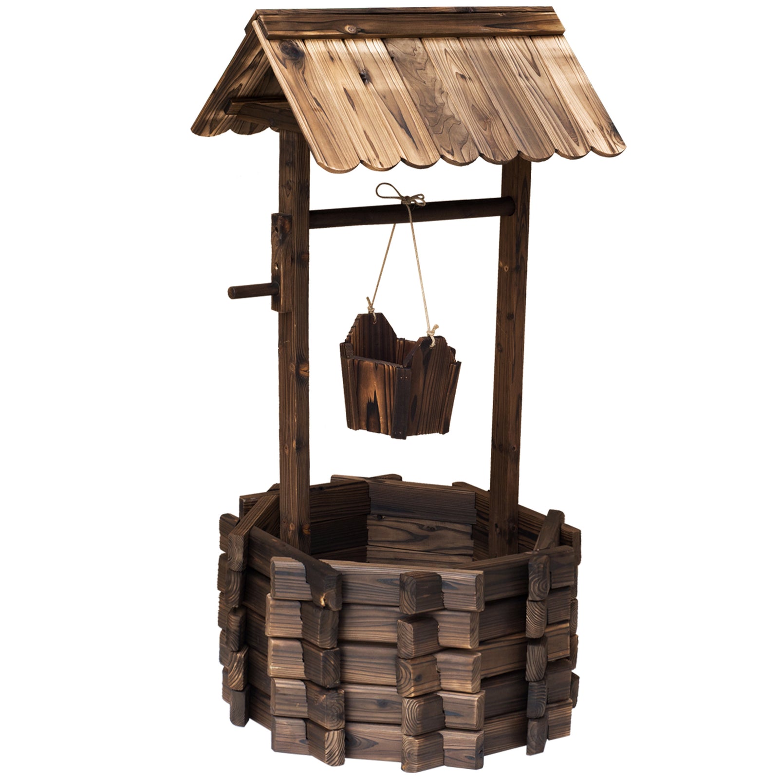 Wooden Wishing Well Planter For Garden, With Bucket