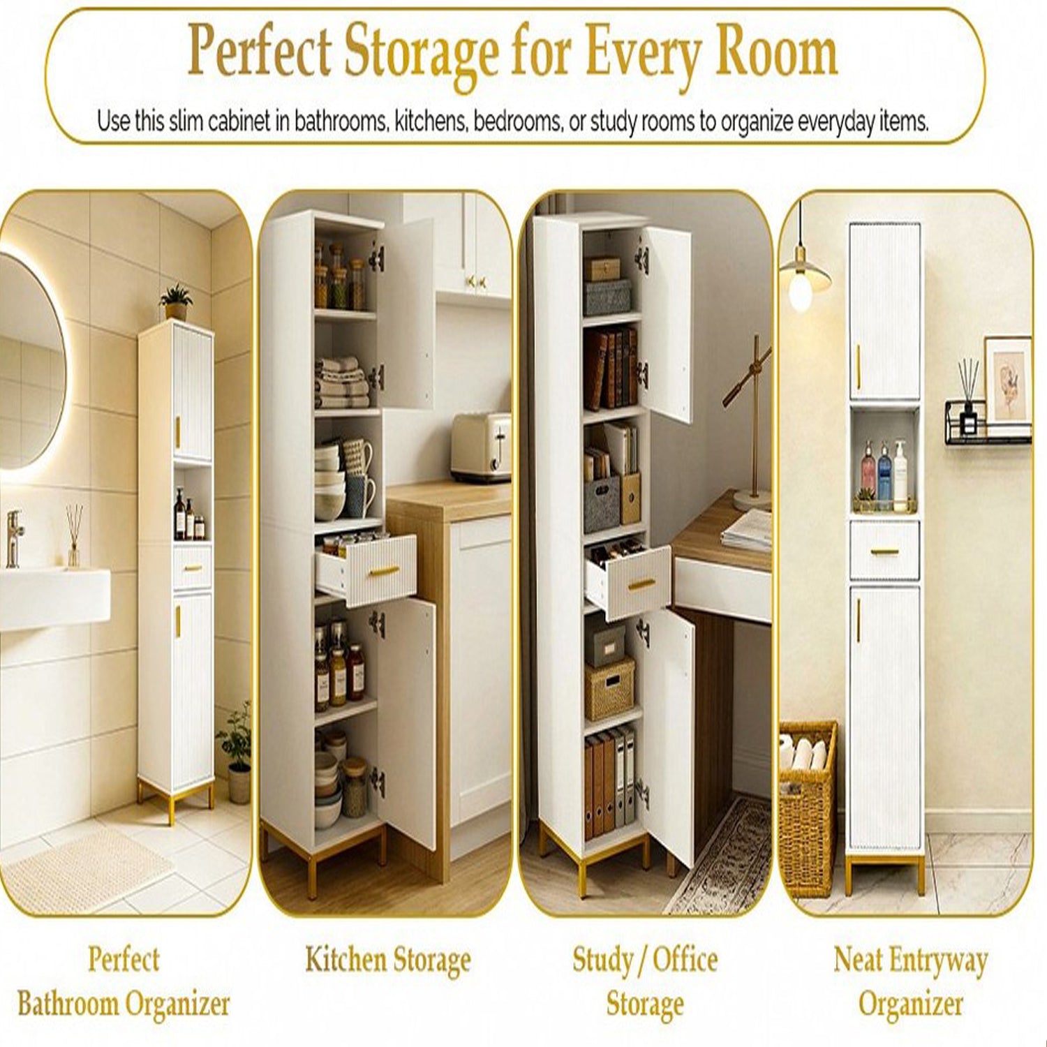 HYGRAD BUILT TO SURVIVE Slim Bathroom Tall Storage Cabinet – Freestanding Floor Cupboard With 2 Doors, 5 Shelves & Drawer