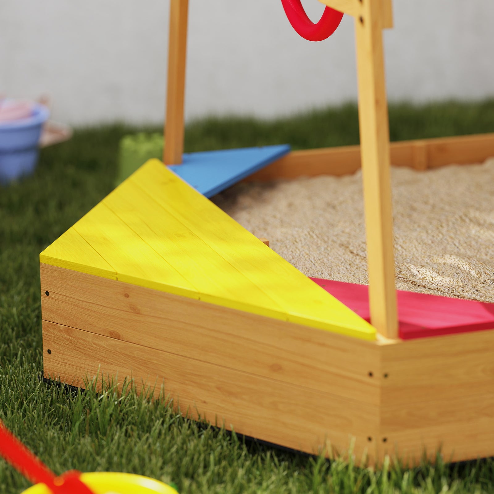 AIYAPLAY Wooden Kids Sandpit, Boat-style Sandbox W/ Canopy, Seats, Rudder & Bottom Liner