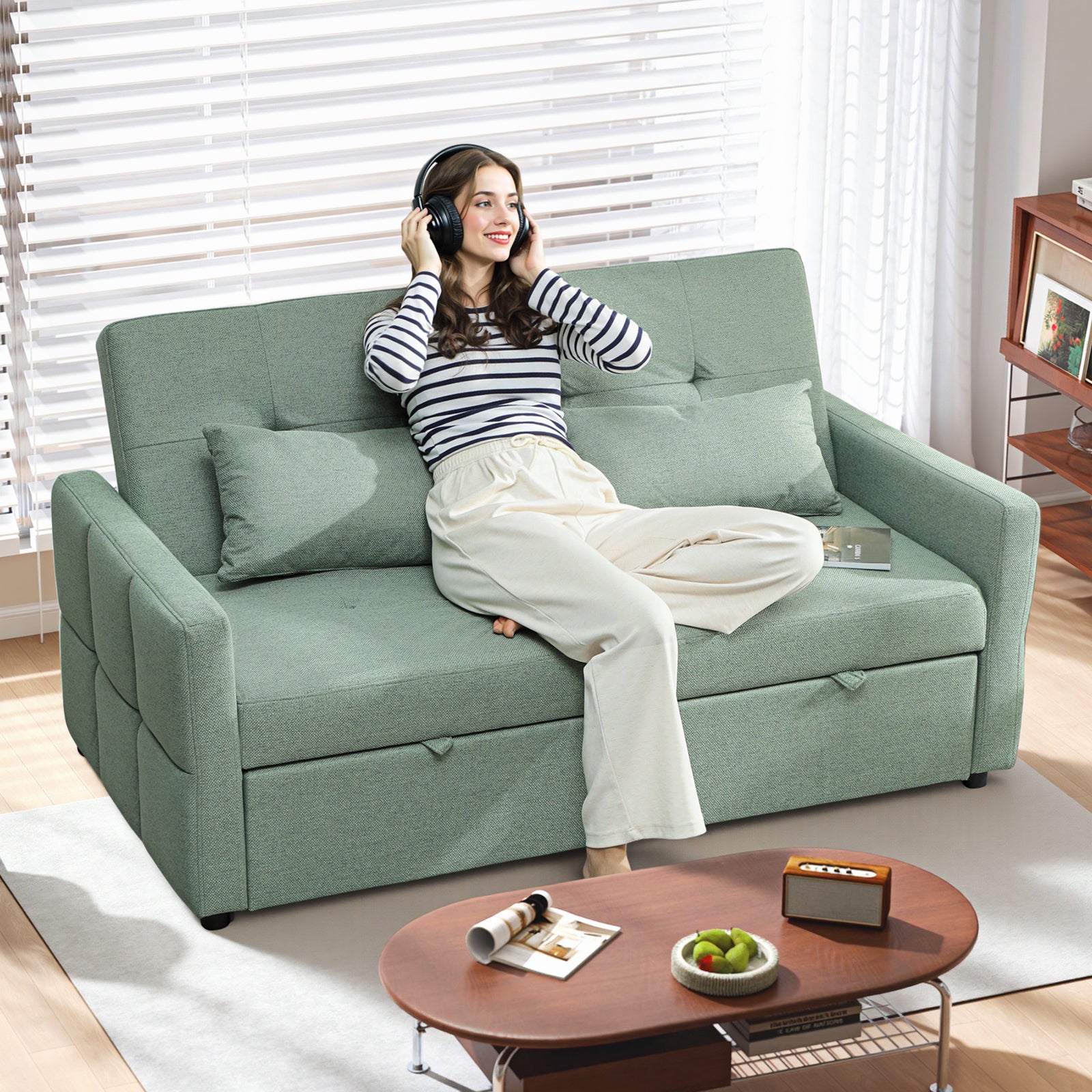 2 Seater Sofa Bed, Convertible Pull Out Bed Settee | Green