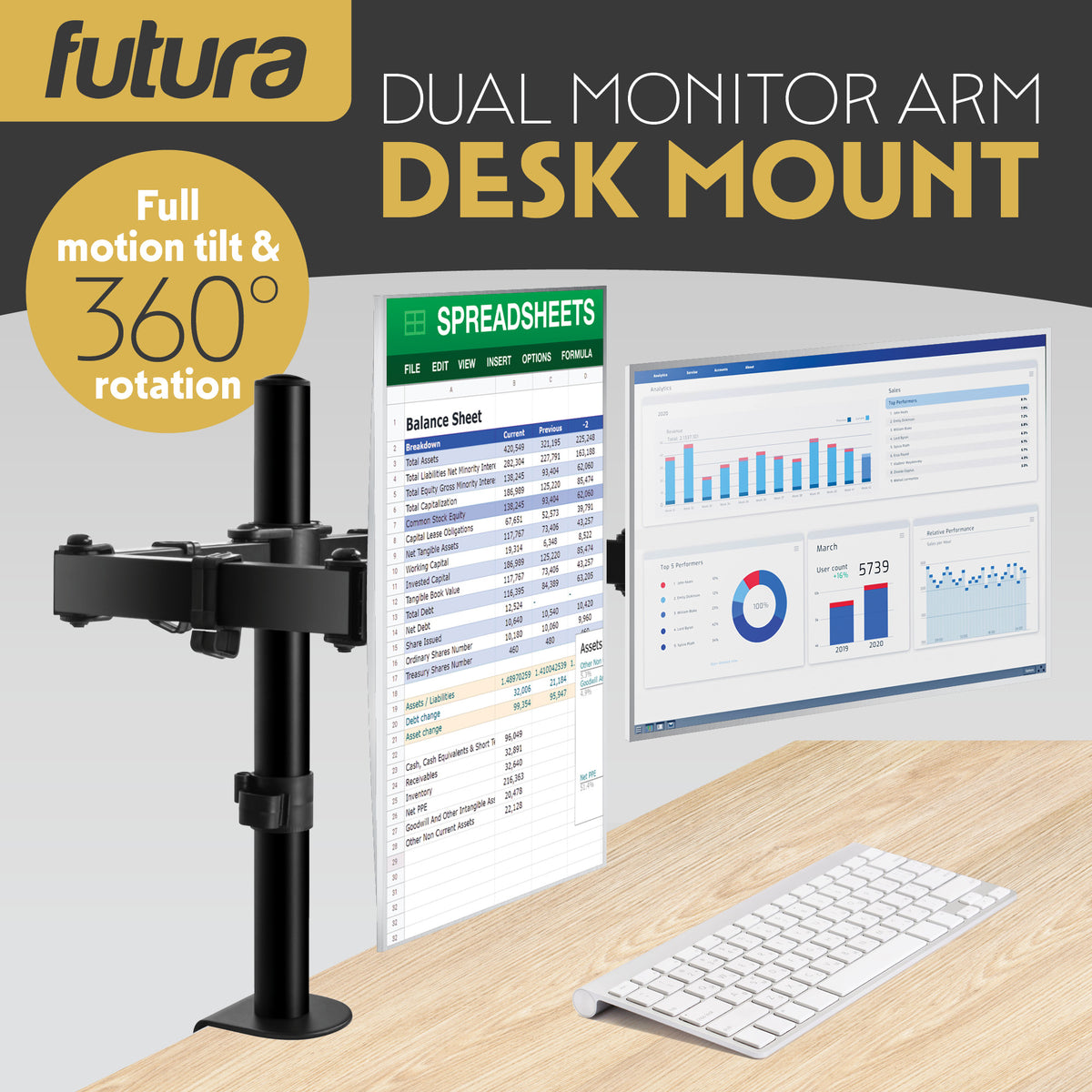 Single & Dual Monitor Arm For 13 To 32 Inch Screens - Dual Monitor Desk Mount With Clamp 90 Tilt And 360 Rotation & 180 Swivel | Dual Monitor Arm | Black