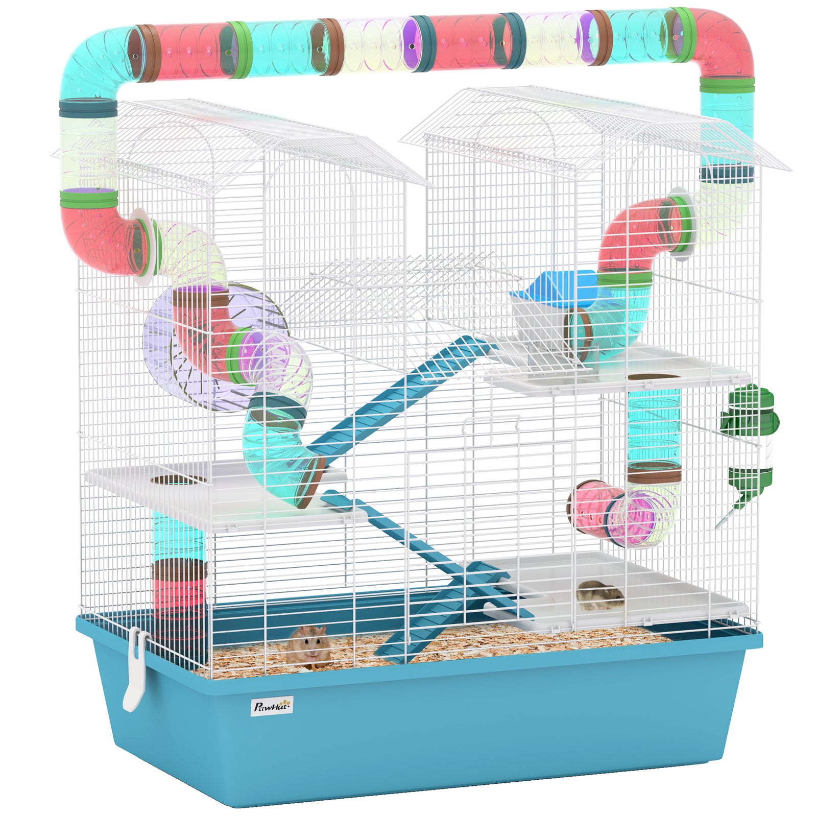 Pawhut 4 Tier Hamster Cage With Tubes, For Drawf, 58 X 36 X 65cm, Light Blue