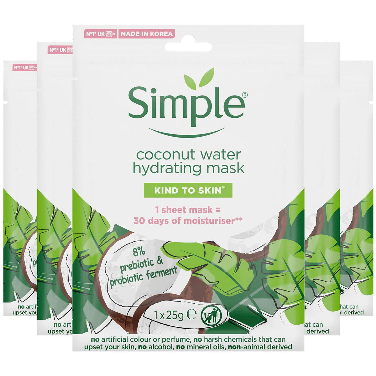 Hydrating Coconut Water Sheet Mask With 8% Pre-pro Biotich Ferment, 5x25g | Set of 5 | White
