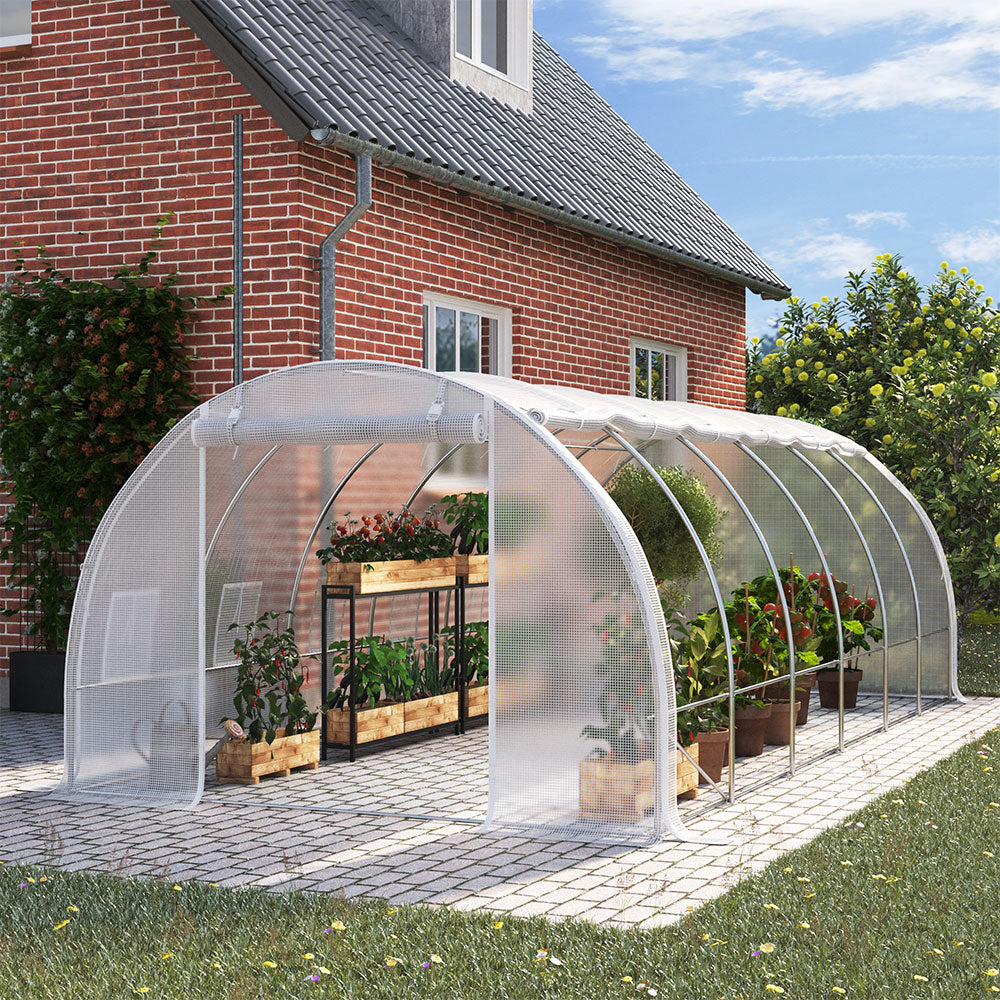 White Outdoor Walk-in Tunnel Greenhouse With Steel Frame | Large | White