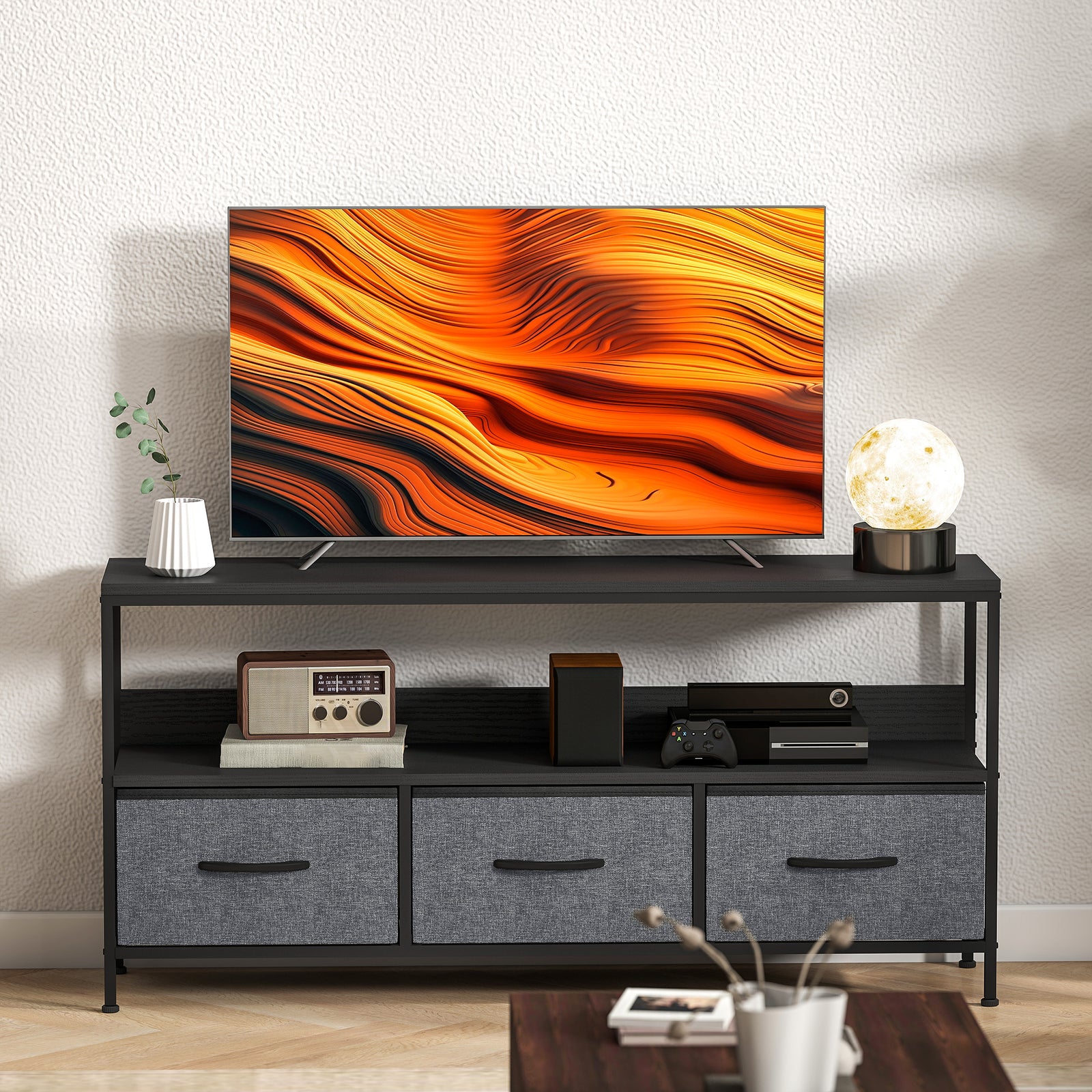 Tv Cabinet, Tv Console Unit With 3 Foldable Linen Drawers | Black