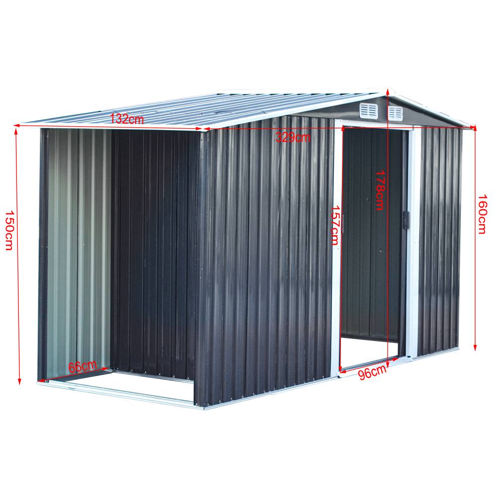 4x8ft Heavy Duty Garden Metal Shed With  Extra 66cm Outdoor Weatherproof Firewood Tool Storage Rack