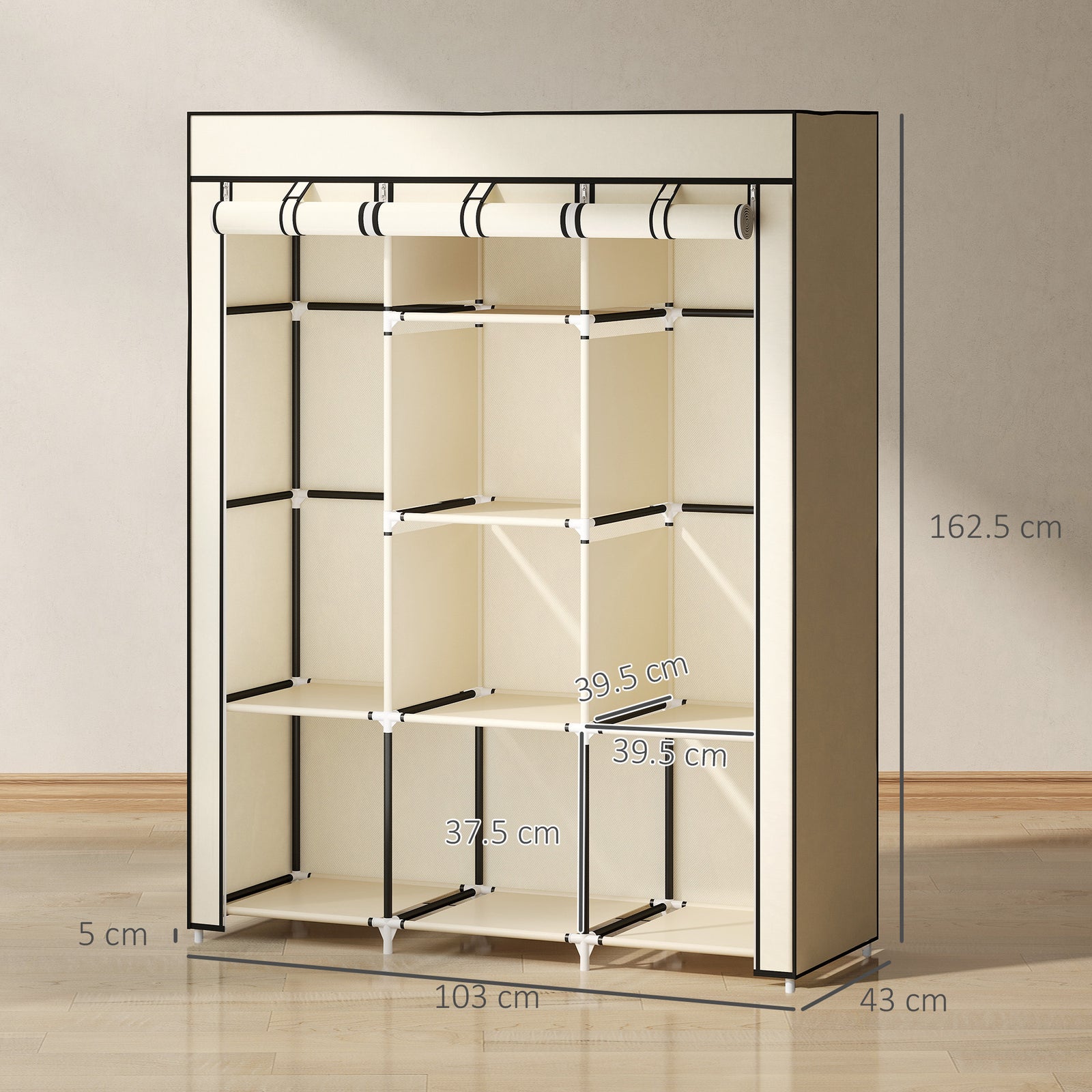 Fabric Portable Wardrobe With 8 Shelves 2 Hanging Rails | White