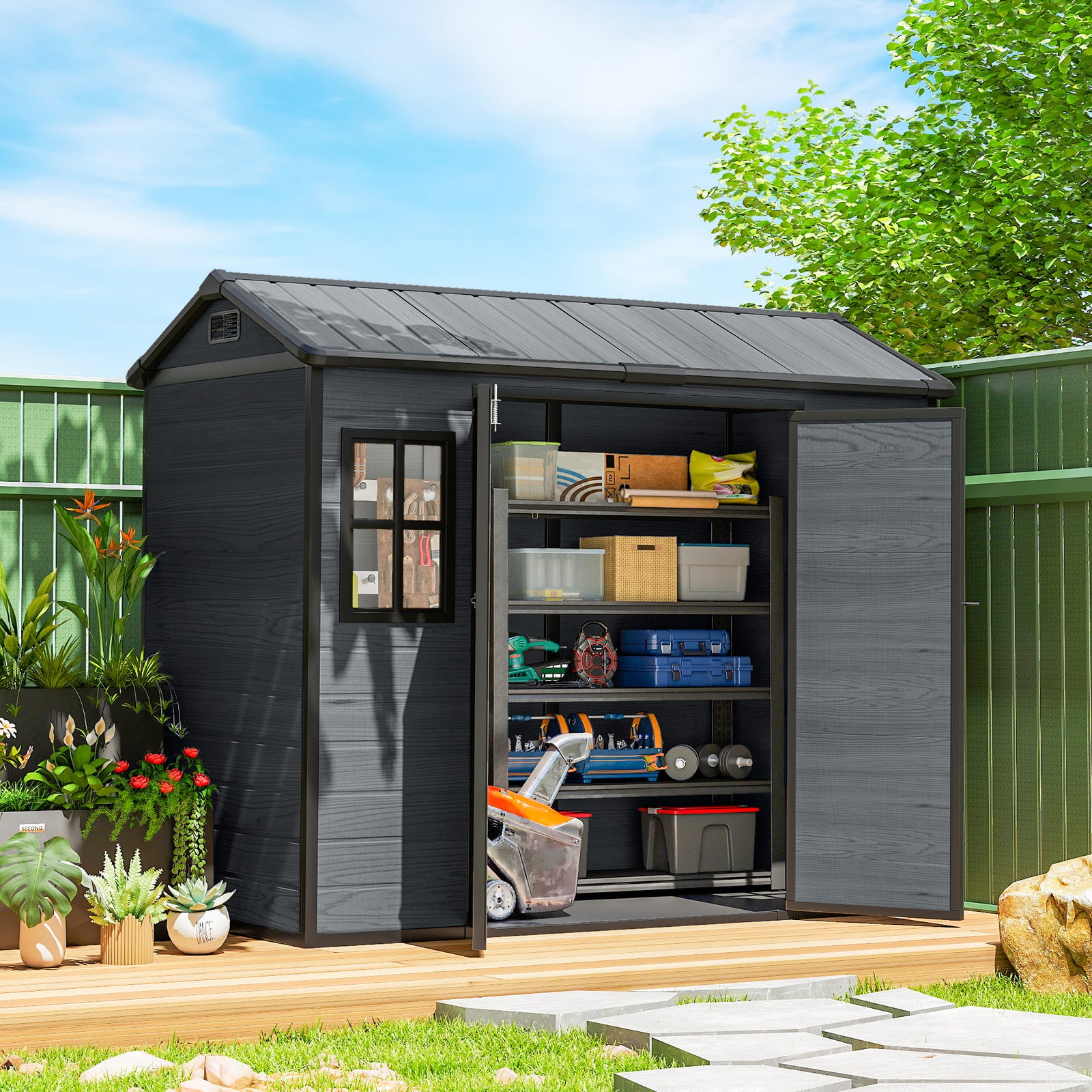 8 X 4 Ft Resin Garden Shed With Floor, Lockable Doors | Dark Grey