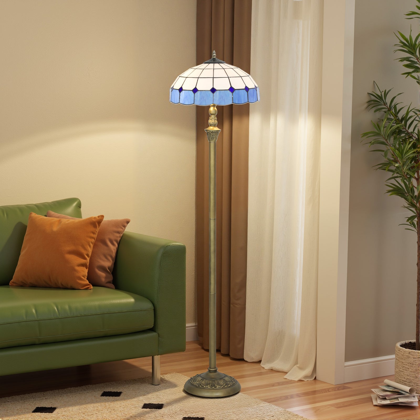 Floor Lamp With Handcrafted Stained Glass Shade, Vintage Standing Lamp | Blue