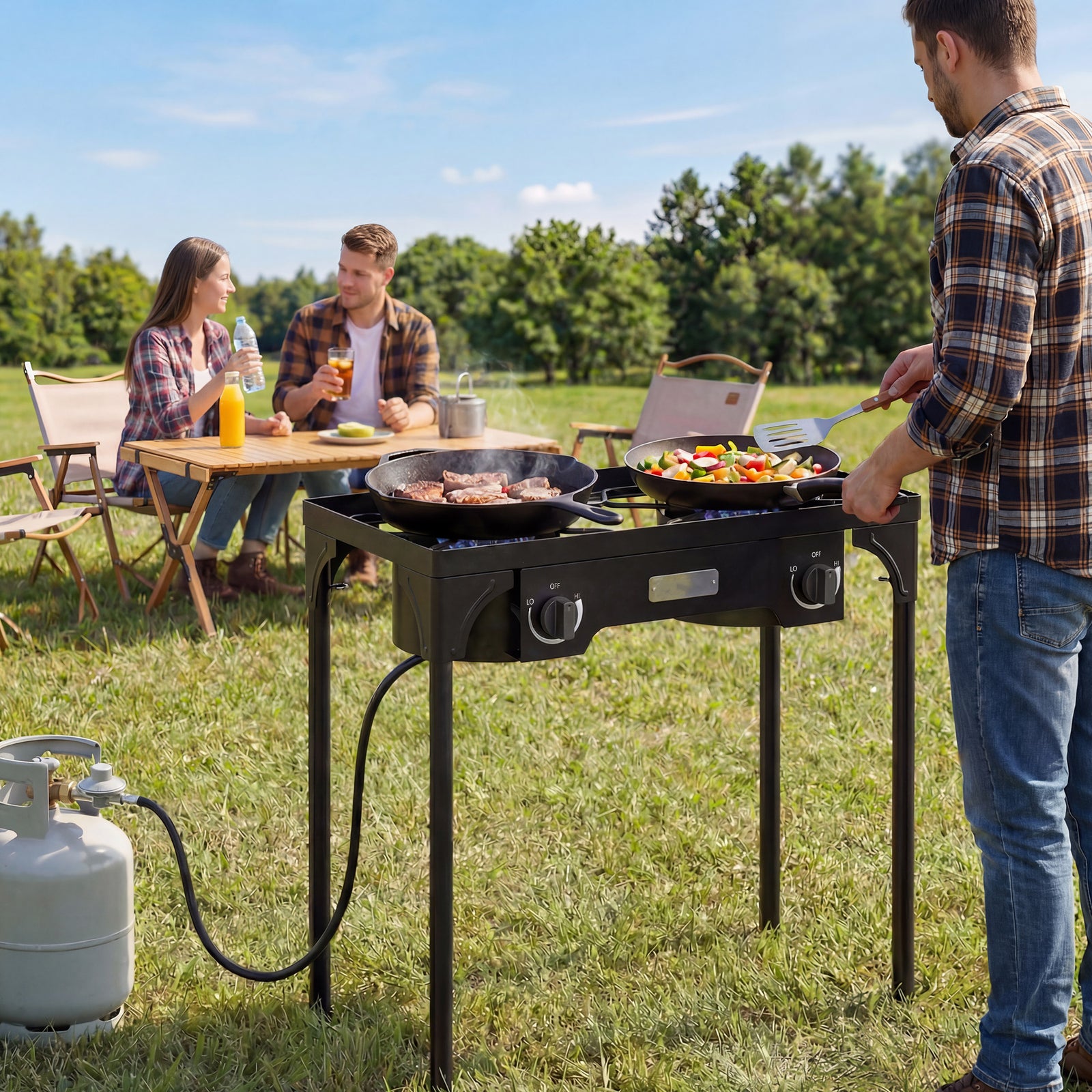 Outsunny 150,000 Btu Double Burner Camping Stove With Detachable Legs Black