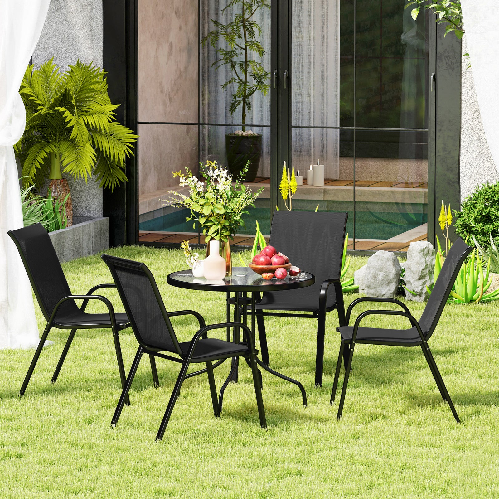 5 Pcs Garden Furniture Set, Round Table And Stackable Chairs | Black