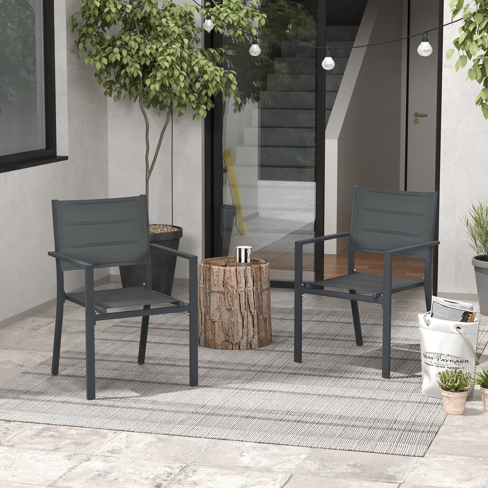 2 Pcs Dining Chairs, Stackable Design Aluminium Outdoor | Dark Gray