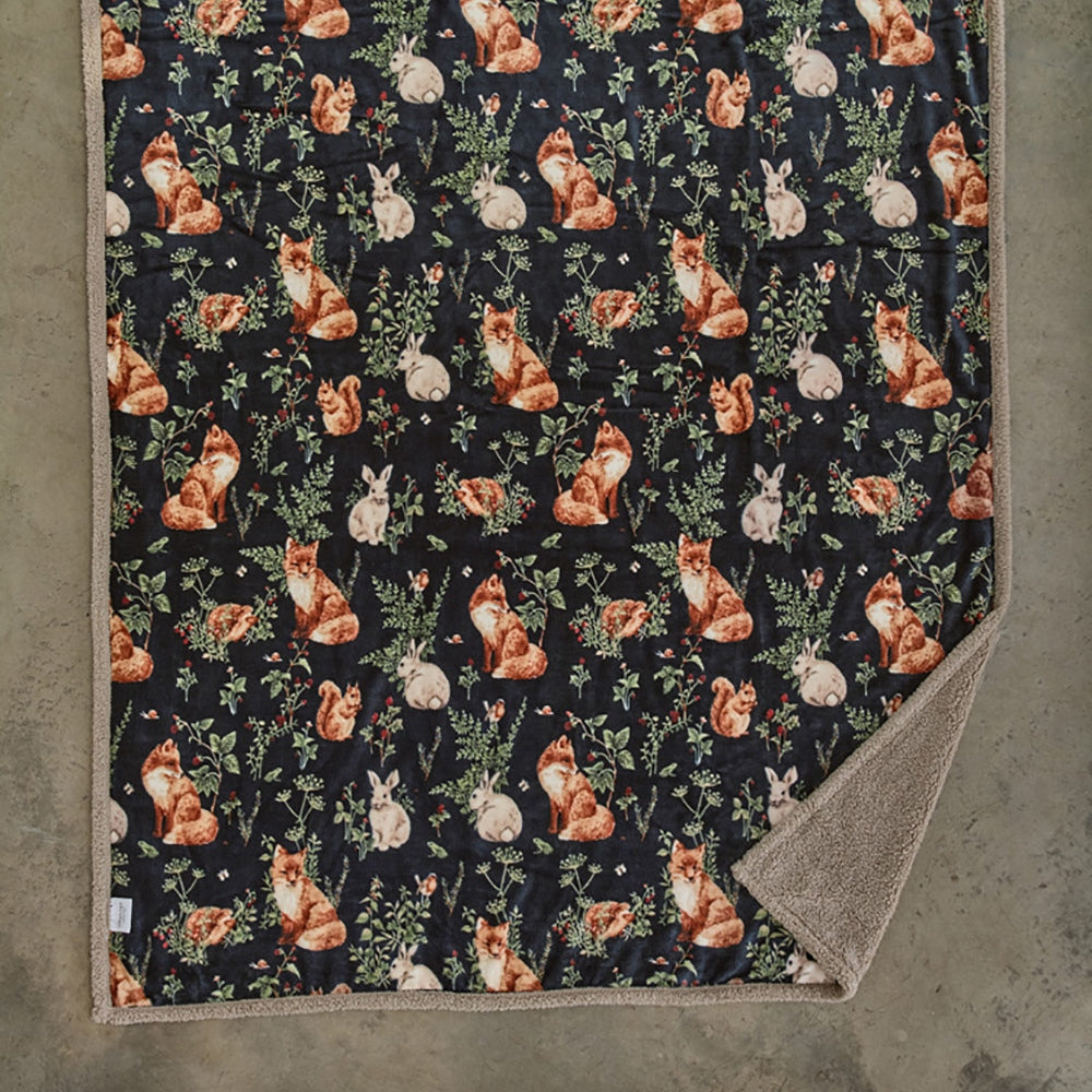 Woodland Wildlife Throw – Forest Animal Flannel & Sherpa, 140x180cm | 140cm x 180cm | Navy Blue
