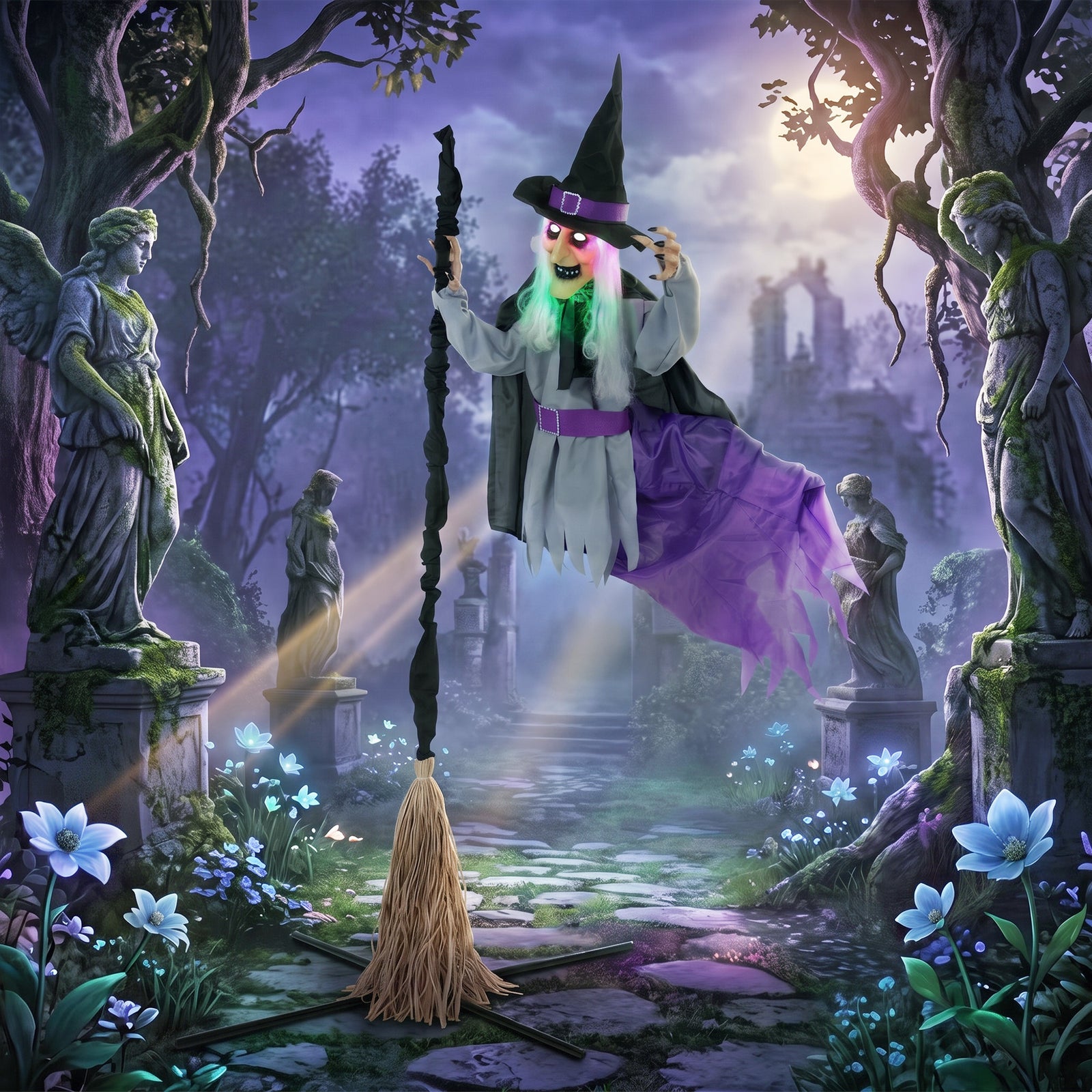 HOMCOM 200cm Life Size Animated Witch, Scary Halloween Animatronic Decor