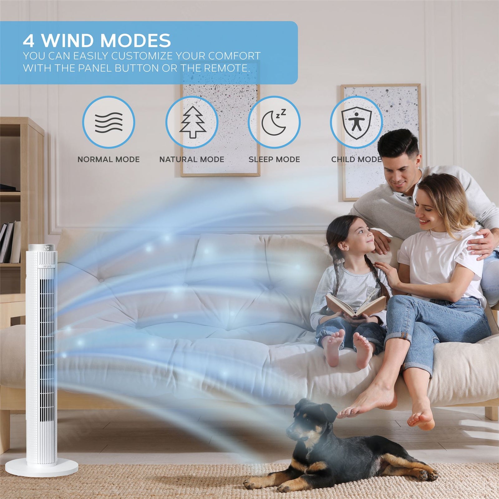Smart Bladeless 38" Tower Fan 3 Speeds - Remote & Oscillation Feature | White
