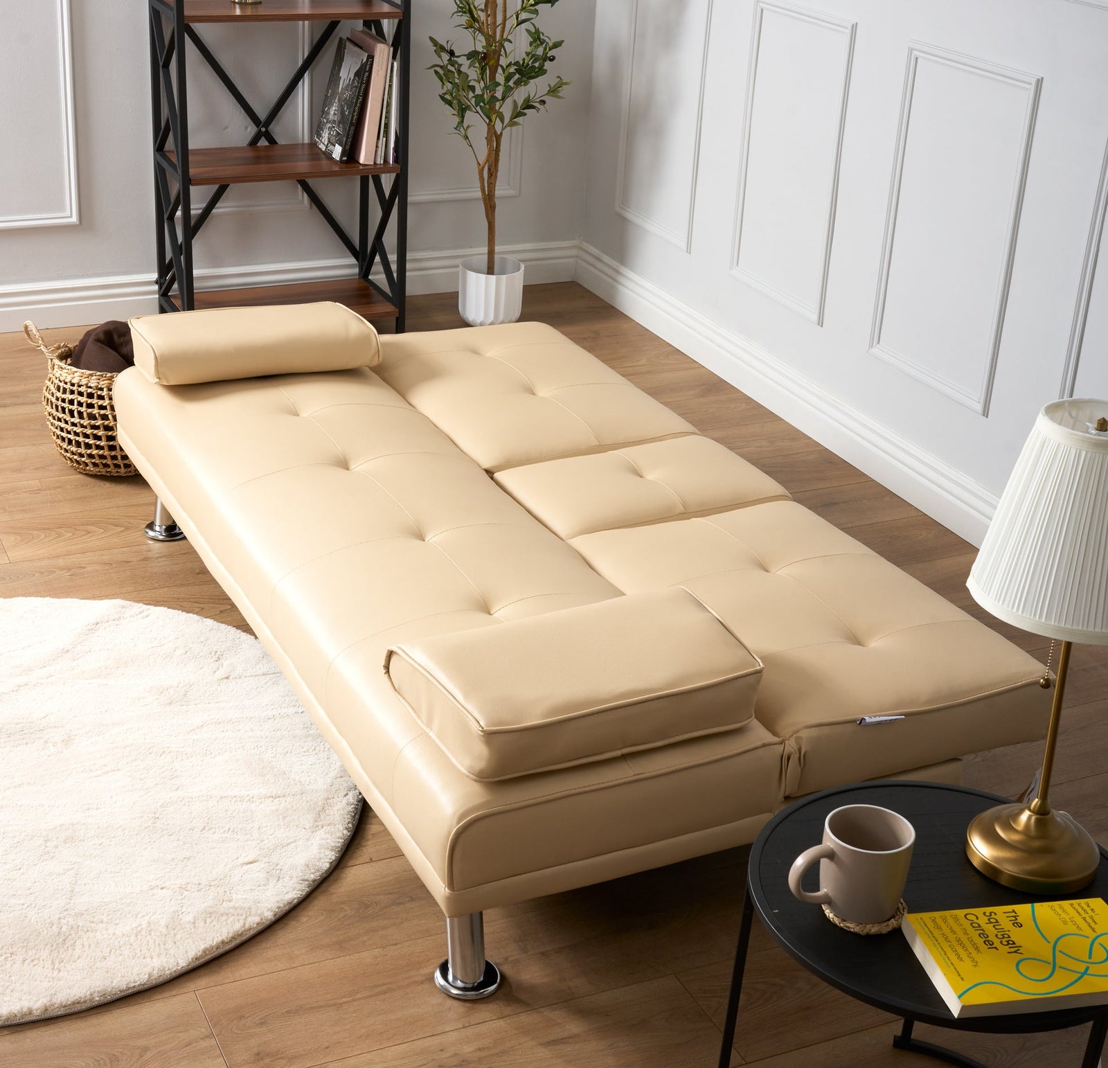 Faux Leather Click Clack Sofa Bed - 2 Seater | Beige