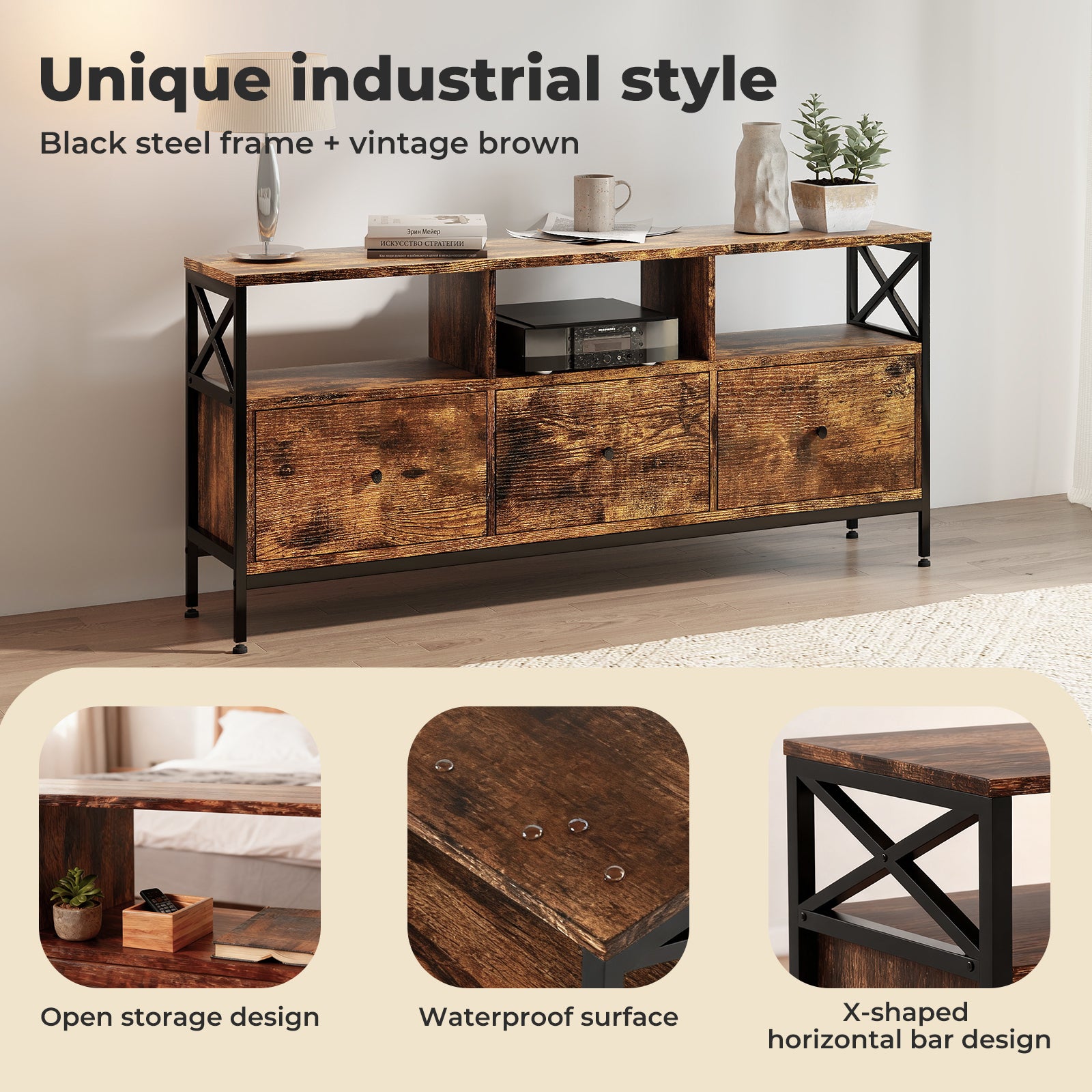 Tv Stand Cabinet Entertainment Unit With Drawers Shelves For 65 Inch Tv | Brown
