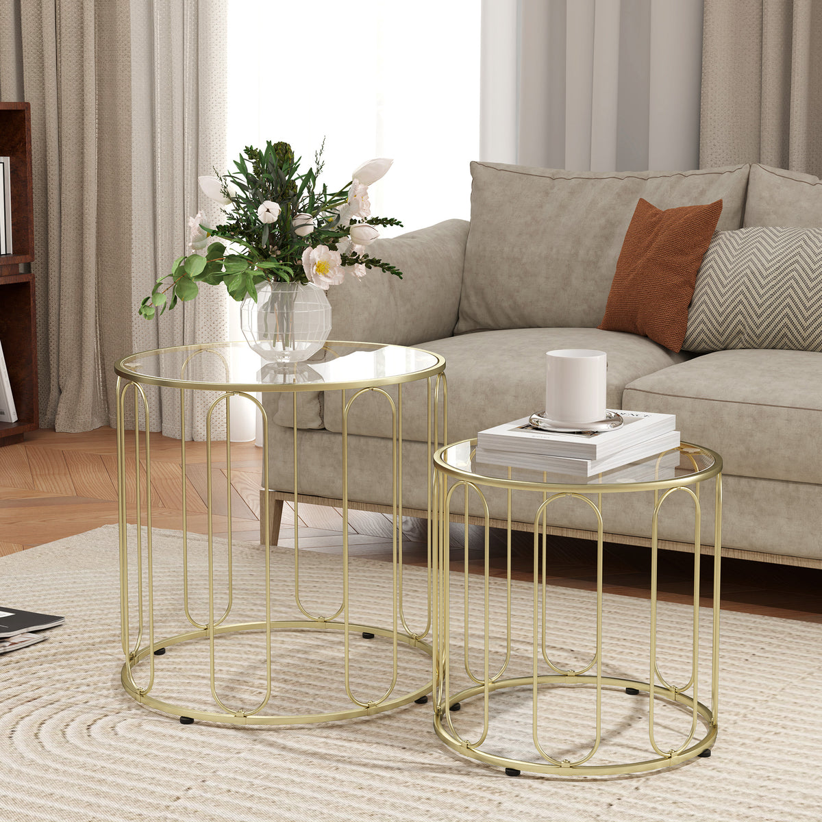 Coffee Table Set Of 2, Nest Of Tables With Metal Frame | One Size | Gold