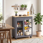 HOMCOM Bamboo Kitchen Island With Glass Door, 2 Metal Wire Baskets, Grey