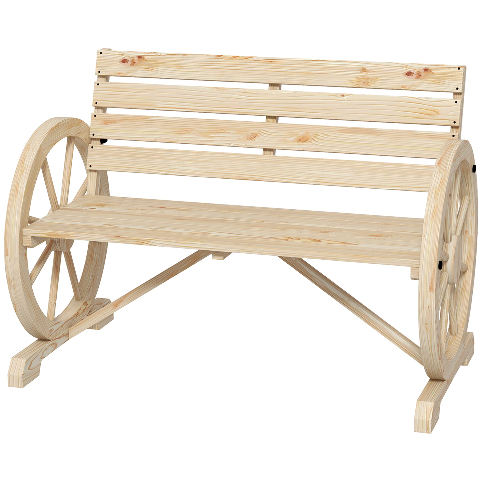 2 Seater Garden Bench W/ Wooden Cart Wagon Wheel Natural
