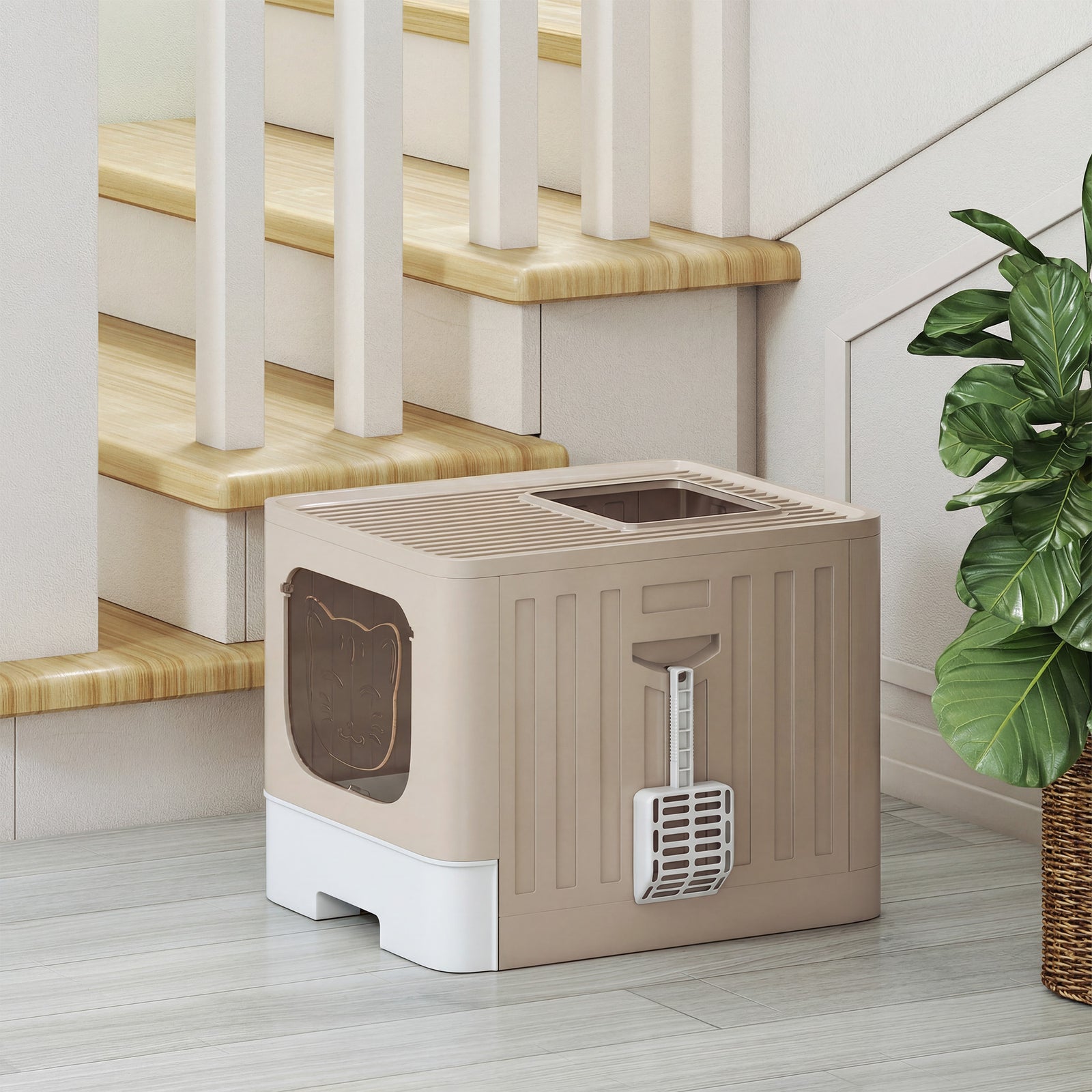 Foldable Cat Litter Box With Lid, Slide-out Drawer | Khaki