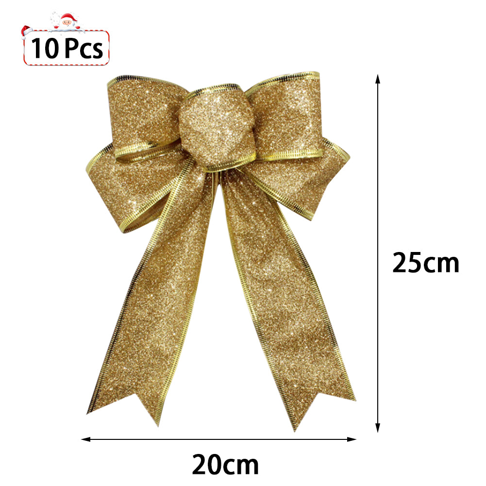 10pcs Christmas Bows Ribbon Bowknot Christmas Tree Ornaments | Gold