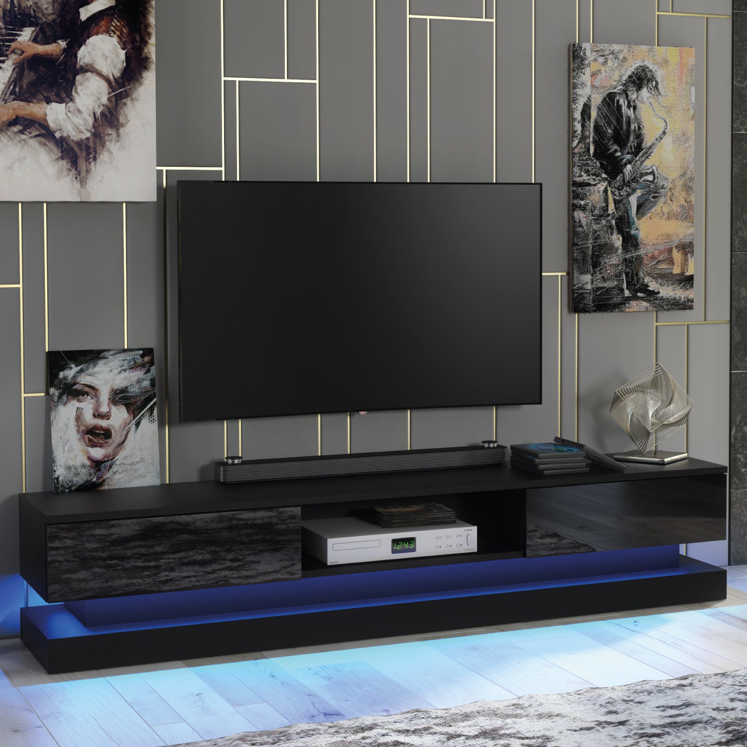 Bloom Tv Unit 180cm With Led Lights | Black