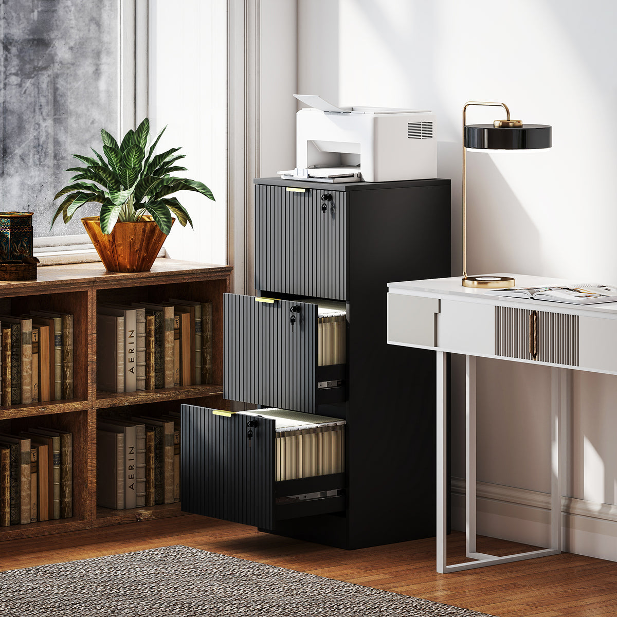 HOMCOM Filing Cabinet, File Cabinet With 3 Lockable Drawers And Hanging Rails