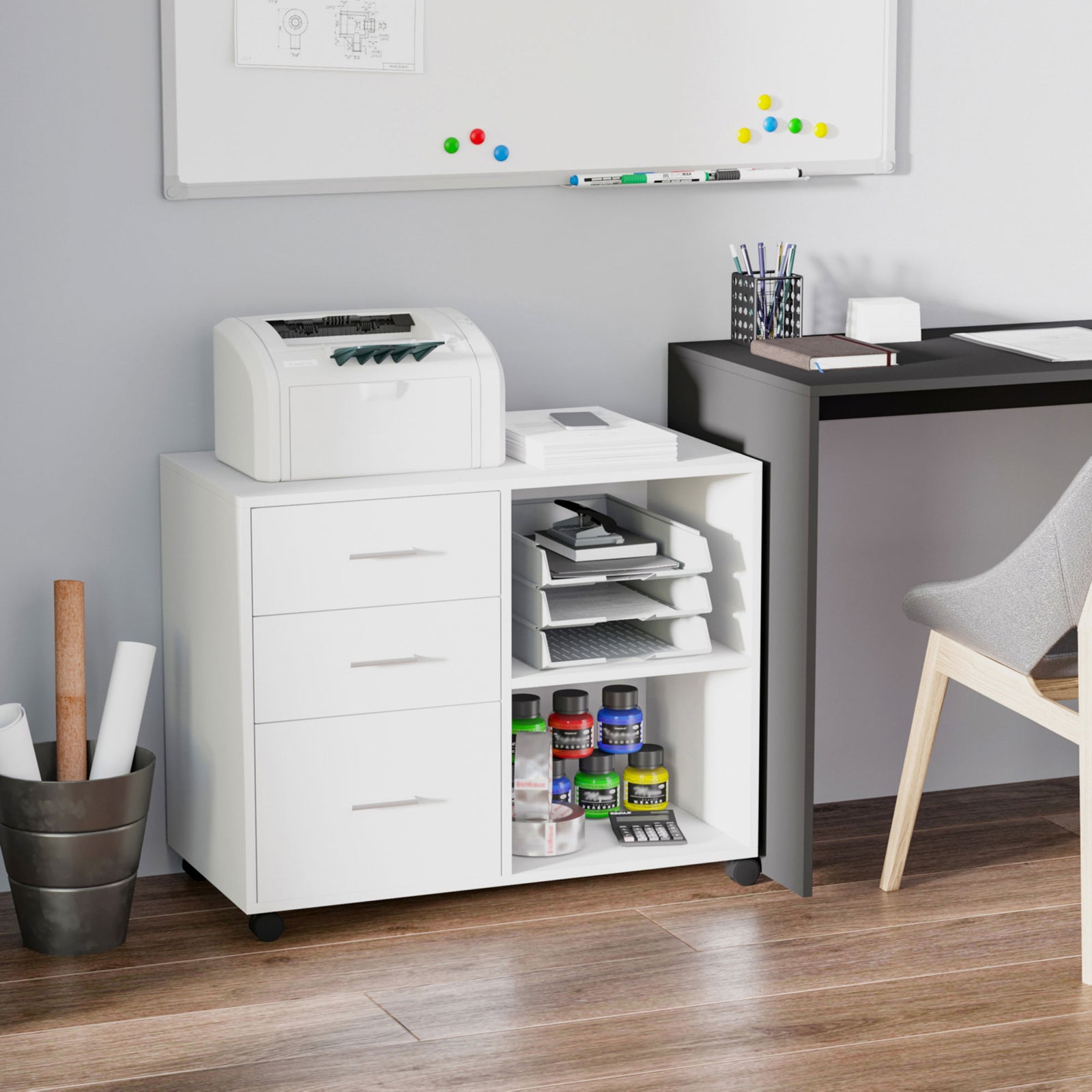 Freestanding Storage Cabinet W/ 3 Drawers 2 Shelves 4 Wheels | One Size | White