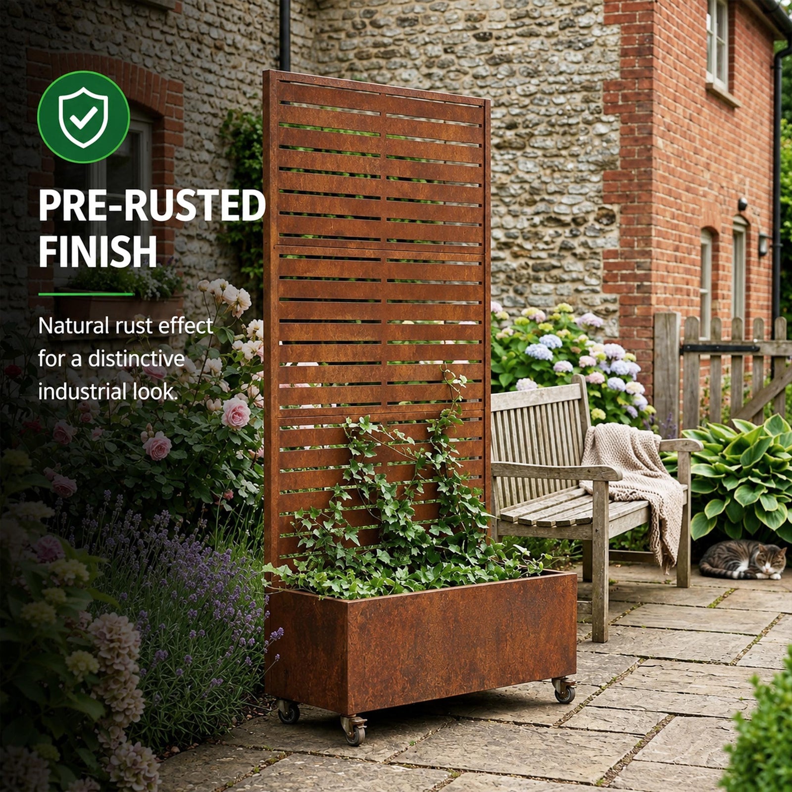 Metal Privacy Screen With Plant Pot - Slat | Rust
