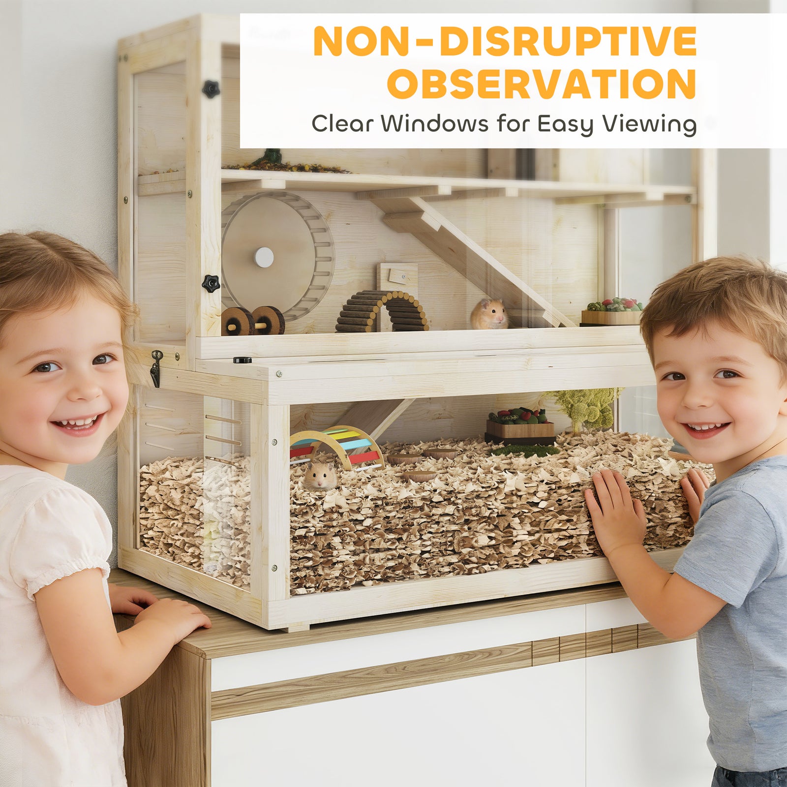 3 Tier Wooden Hamster Cage With Hut, Wheel, Ramps, 100 X 50 X 84 Cm | Natural
