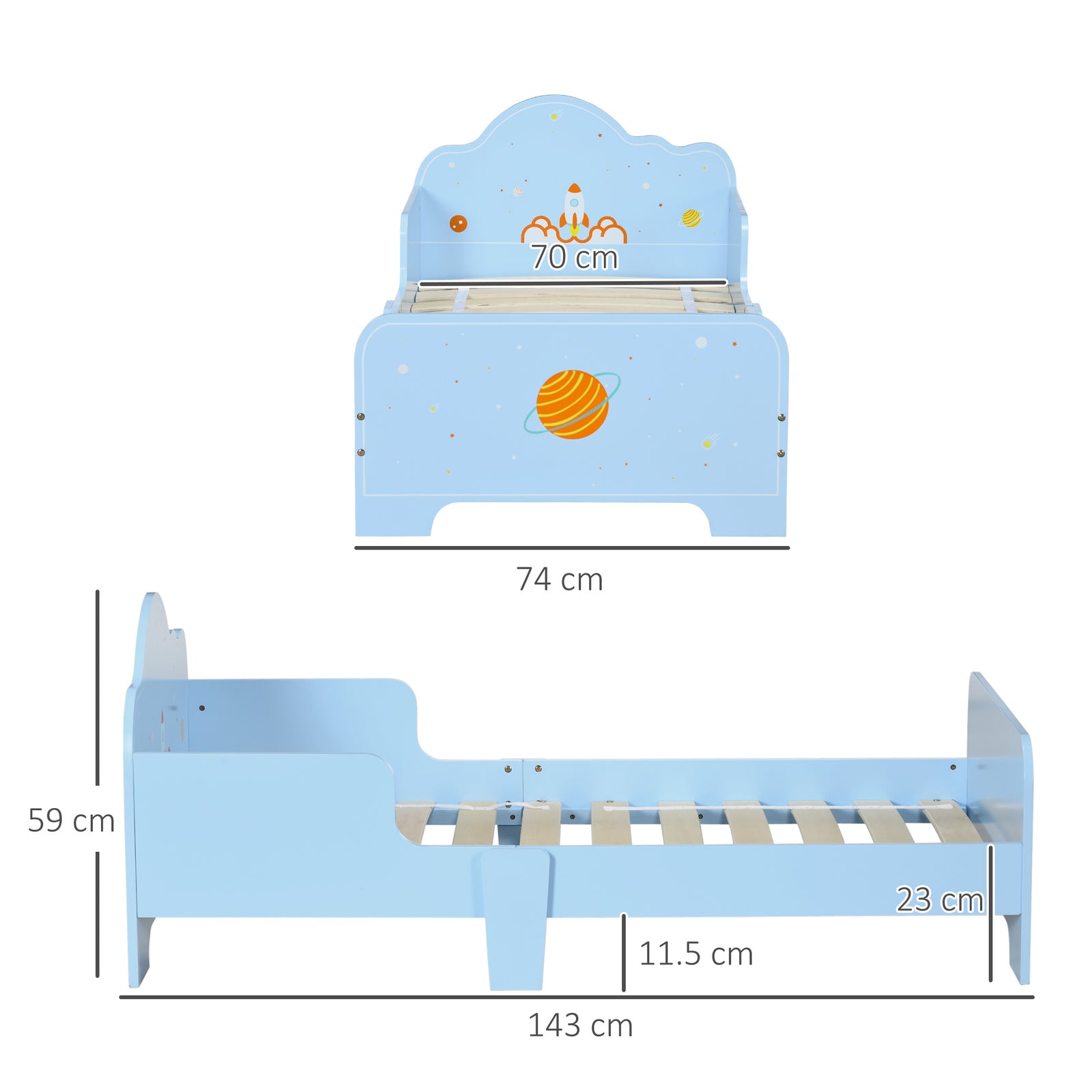 Kids Toddler Bed With Rocket And Planets Patterns, For Boys, Girls, Ages 3-6 Years | Blue