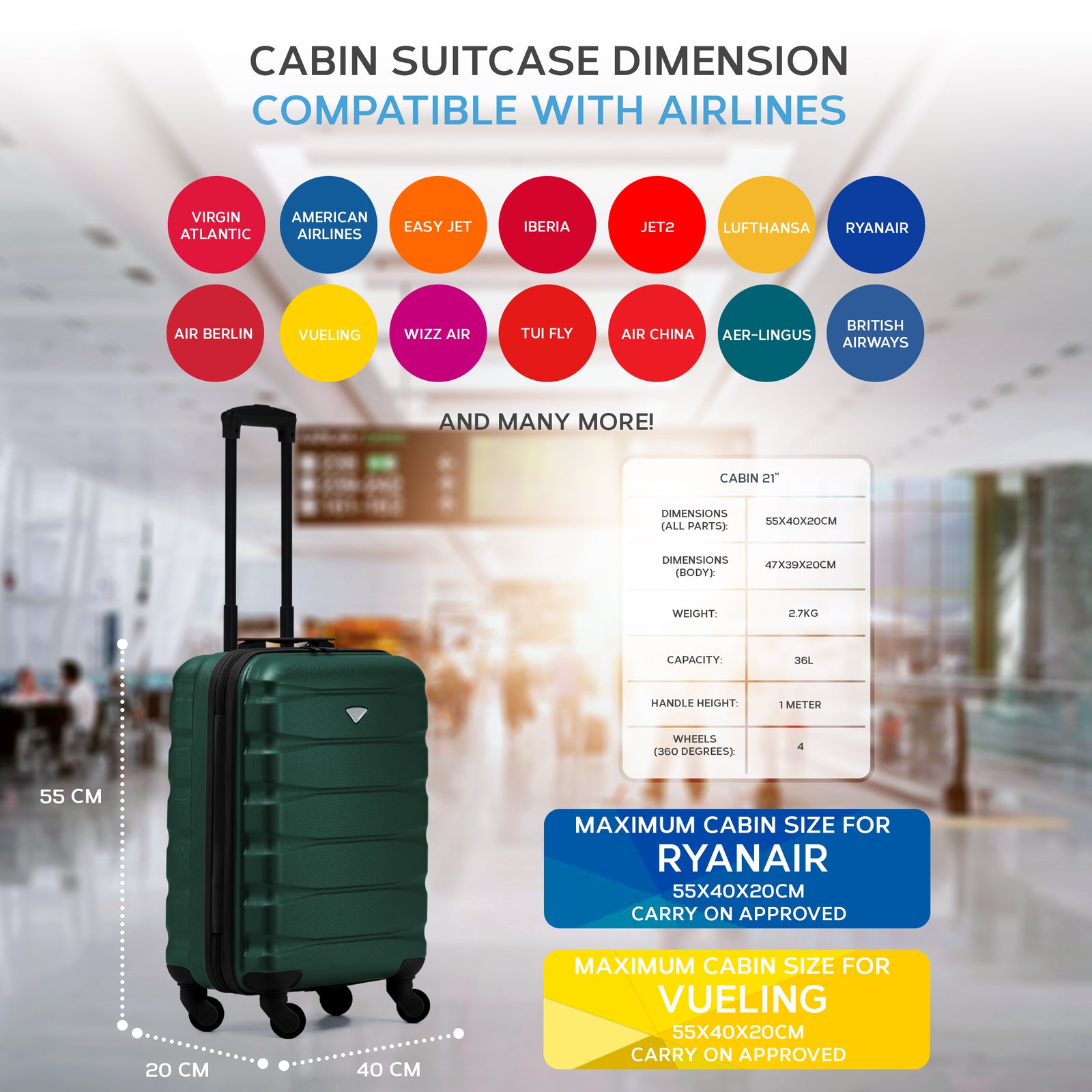 55x40x20cm Lightweight Luggage Hard Shell Cabin Suitcase 60+ Airlines Approved - Carry On Case - 4 Wheels | 55 x 40 x 20cm | Forest Green