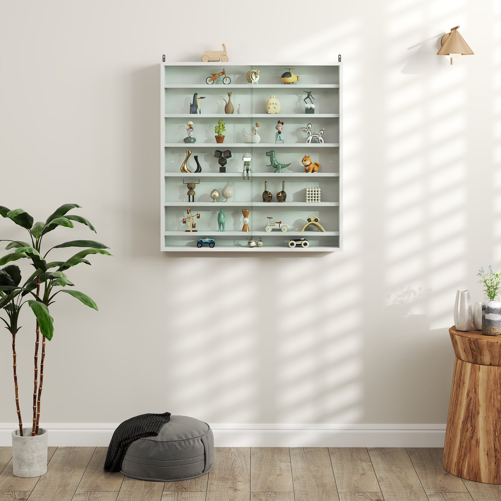 7-tier Wall Display Cabinet W/ Shelves Glass Doors | White