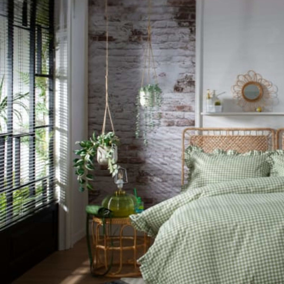Gingham Frilled Cotton Check Duvet Cover Set | Single | Sage Green