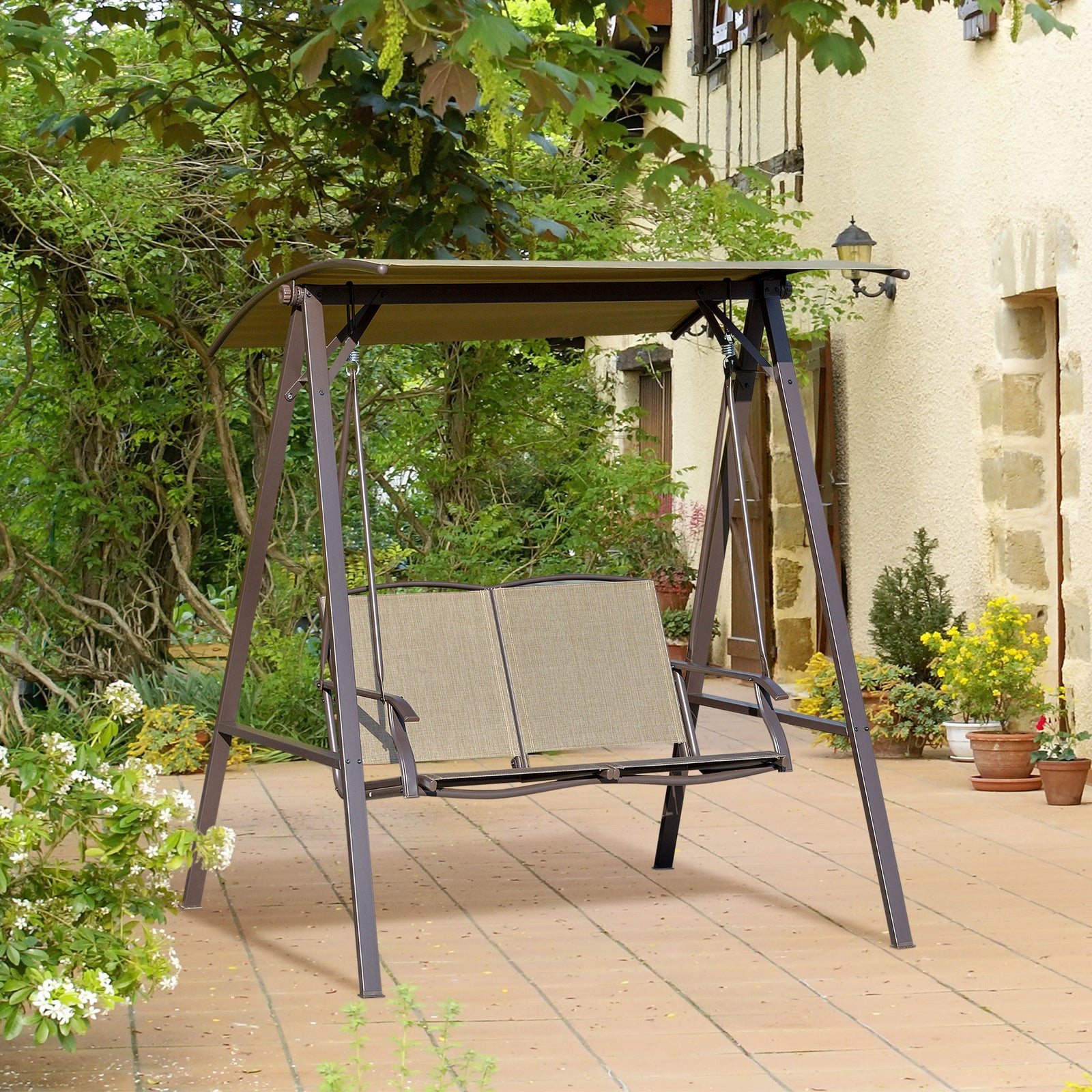 2 Seater Garden Swing Chair Outdoor Canopy Swing W/ Shade | Brown