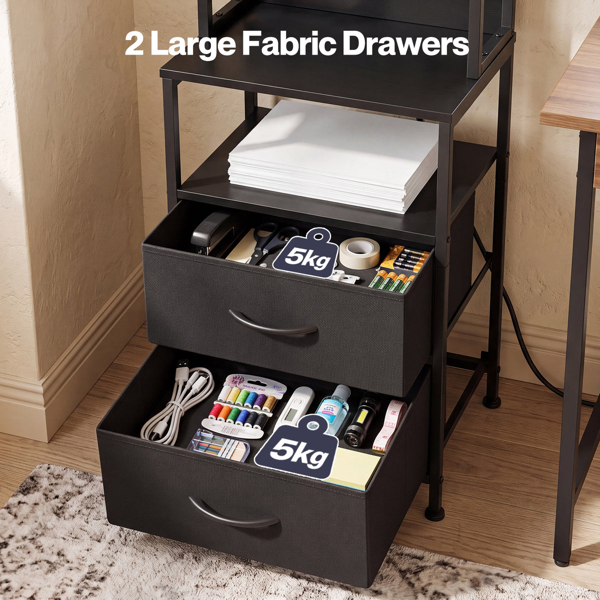 Levede Bedside Table With Charging Station,led Light 2 Drawers Storage Black