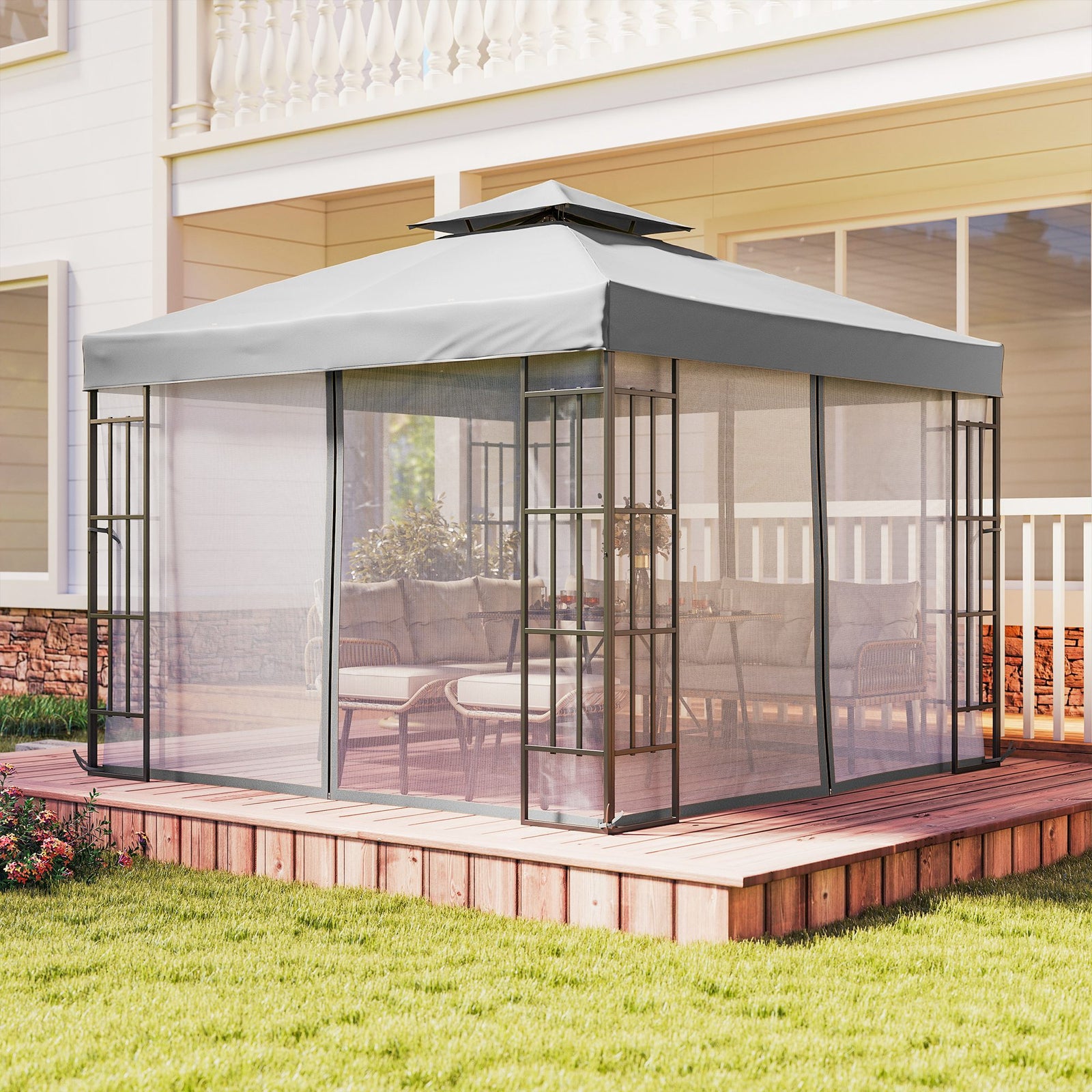 3 X 3(m) Patio Gazebo Canopy Garden Pavilion W/ 2 Tier Roof | Light Grey