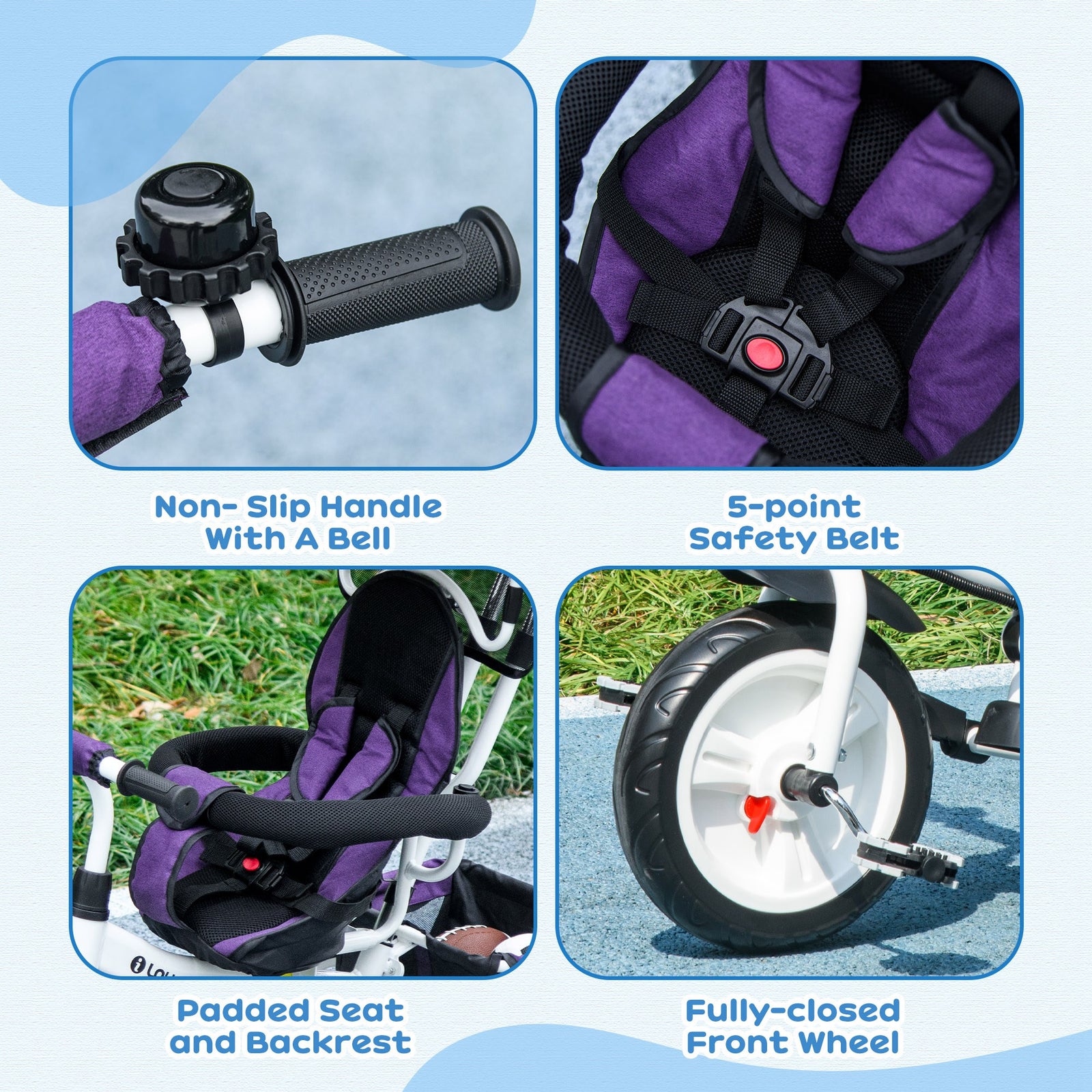6 In 1 Kids Trike, Stroller With Parent Handle | Purple